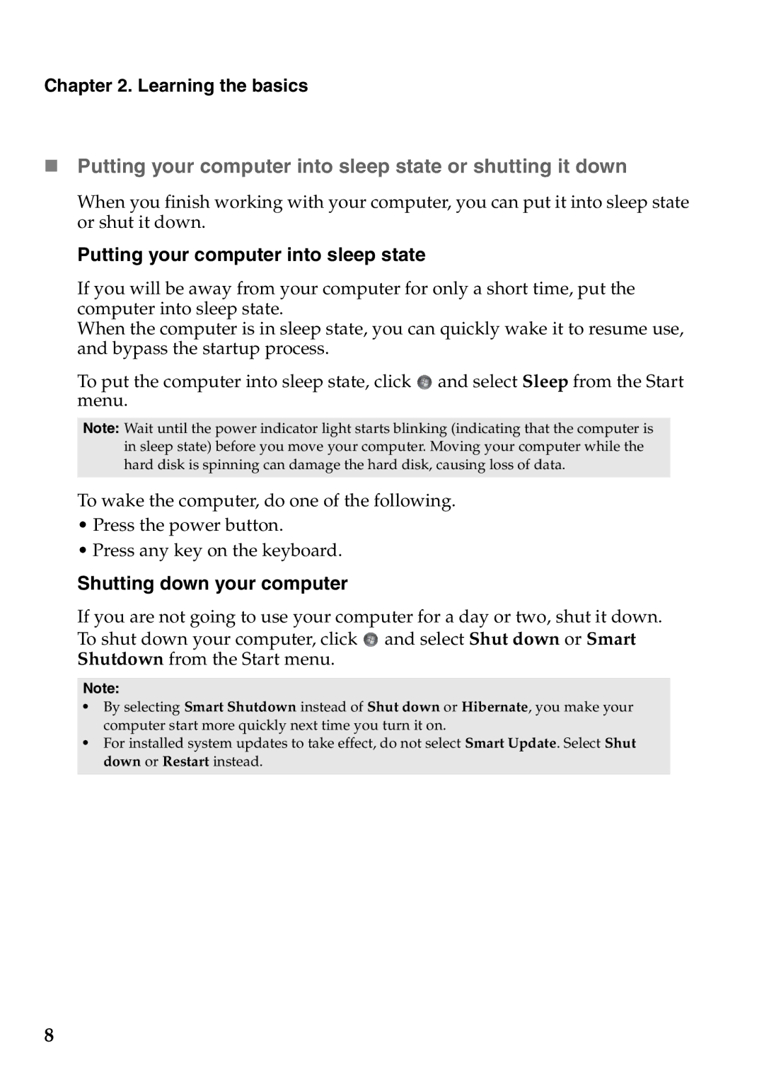 Lenovo S405, S300, S400 manual Putting your computer into sleep state, Shutting down your computer, Learning the basics 