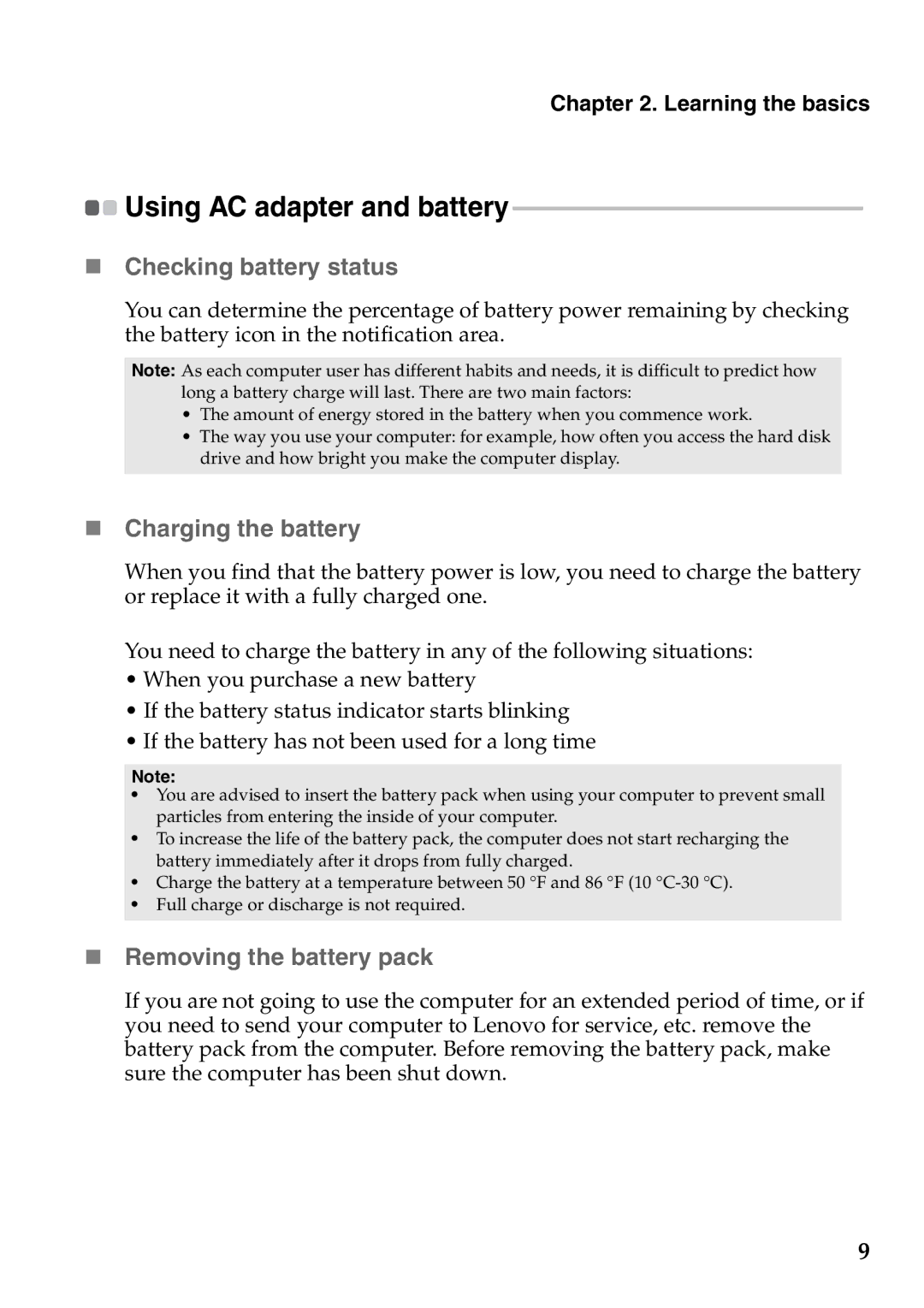 Lenovo S300, S405, S400 manual „ Checking battery status, „ Charging the battery, „ Removing the battery pack 