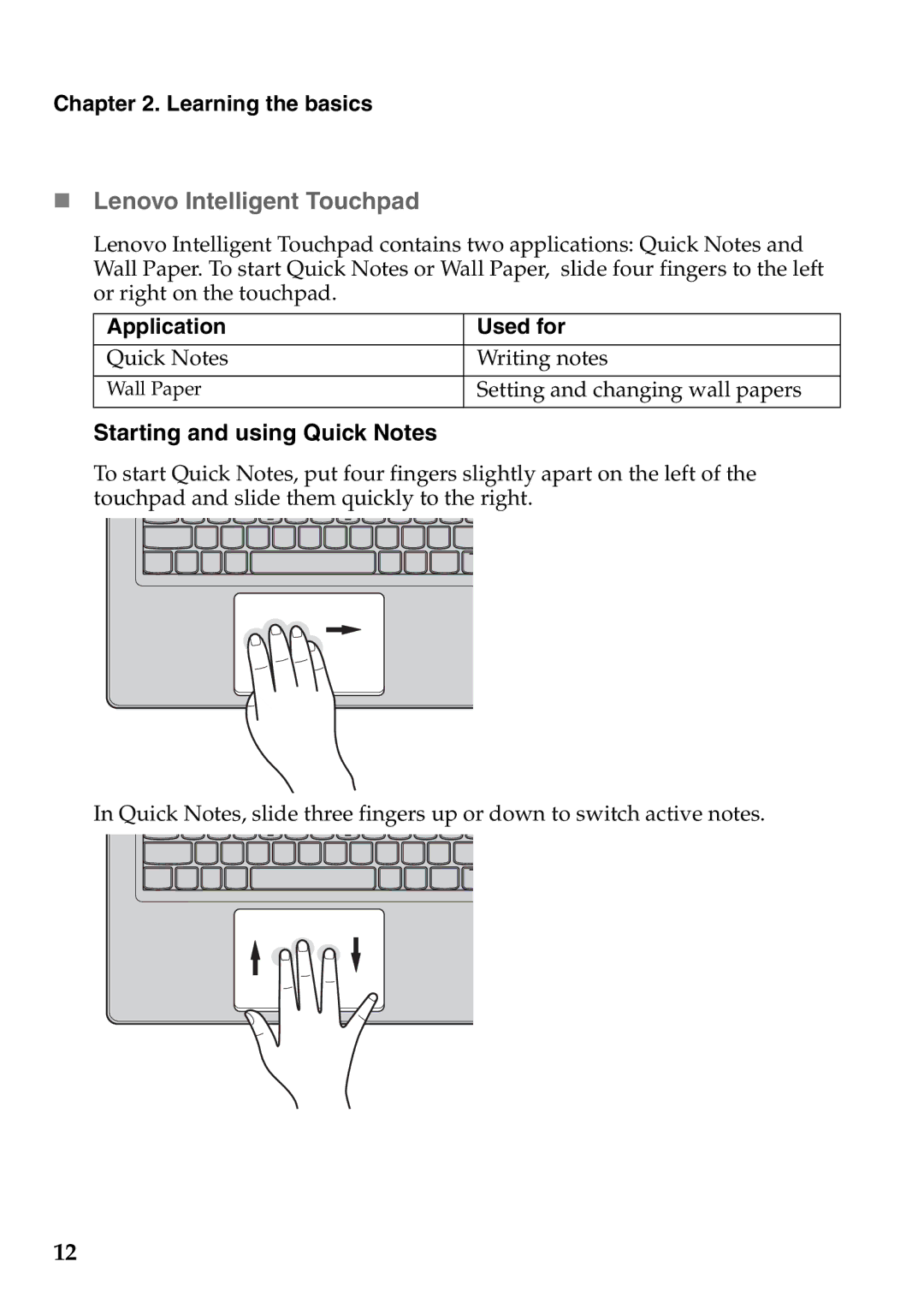 Lenovo S300, S405, S400 manual „ Lenovo Intelligent Touchpad, Starting and using Quick Notes, Application Used for 