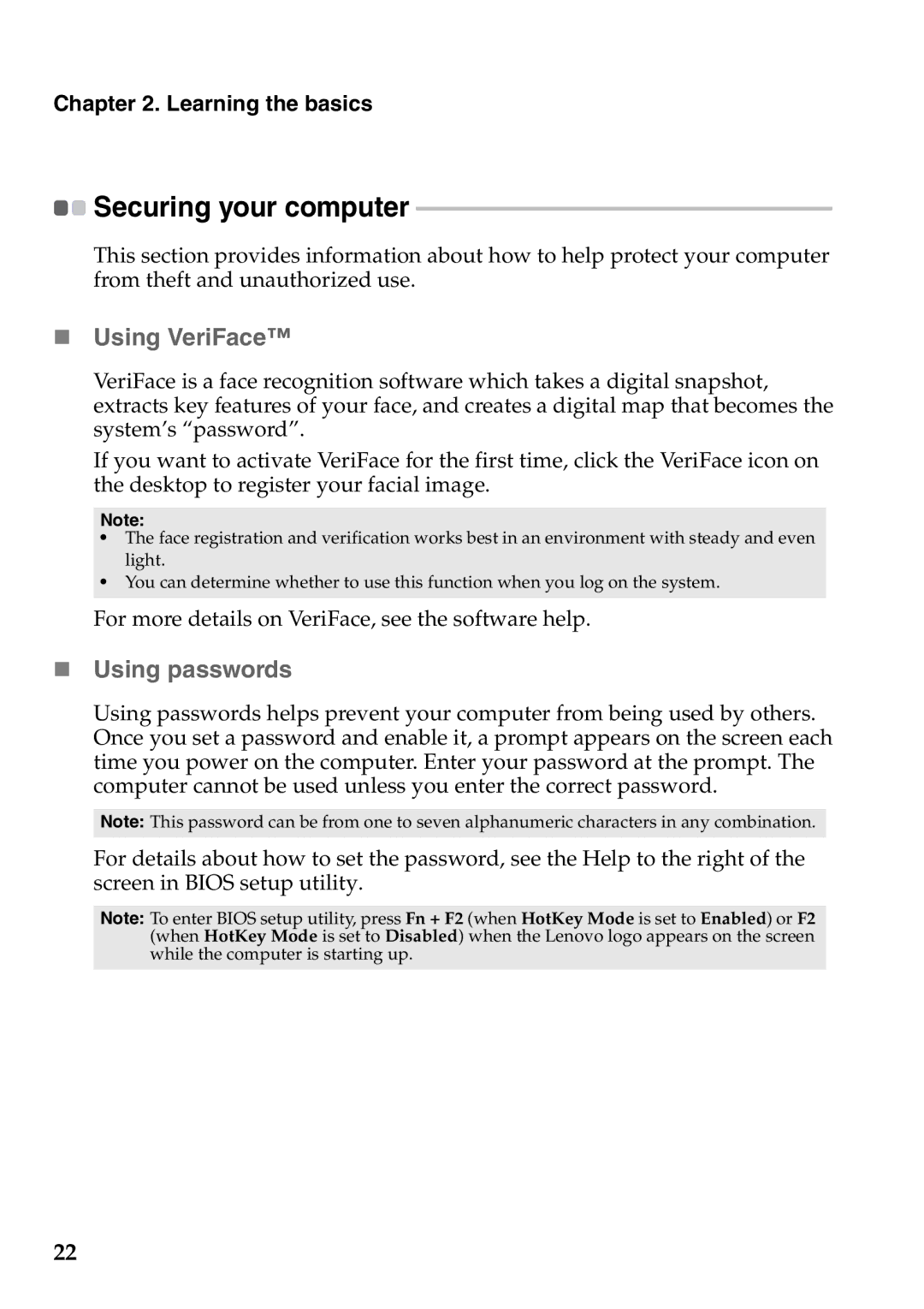 Lenovo S400, S405, S300 manual „ Using VeriFace, „ Using passwords, Securing your computer 