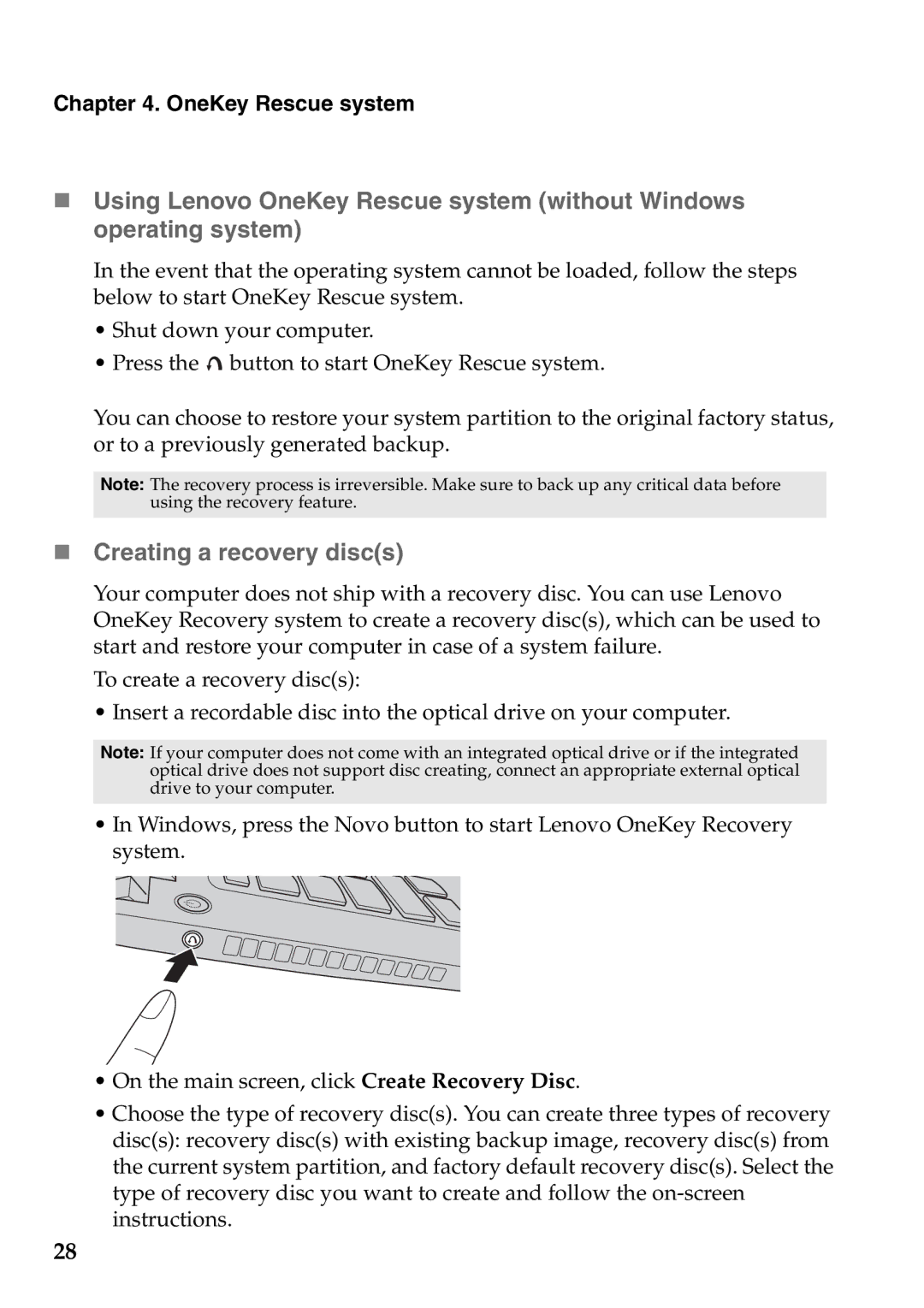 Lenovo S400, S405, S300 manual „ Creating a recovery discs, OneKey Rescue system 