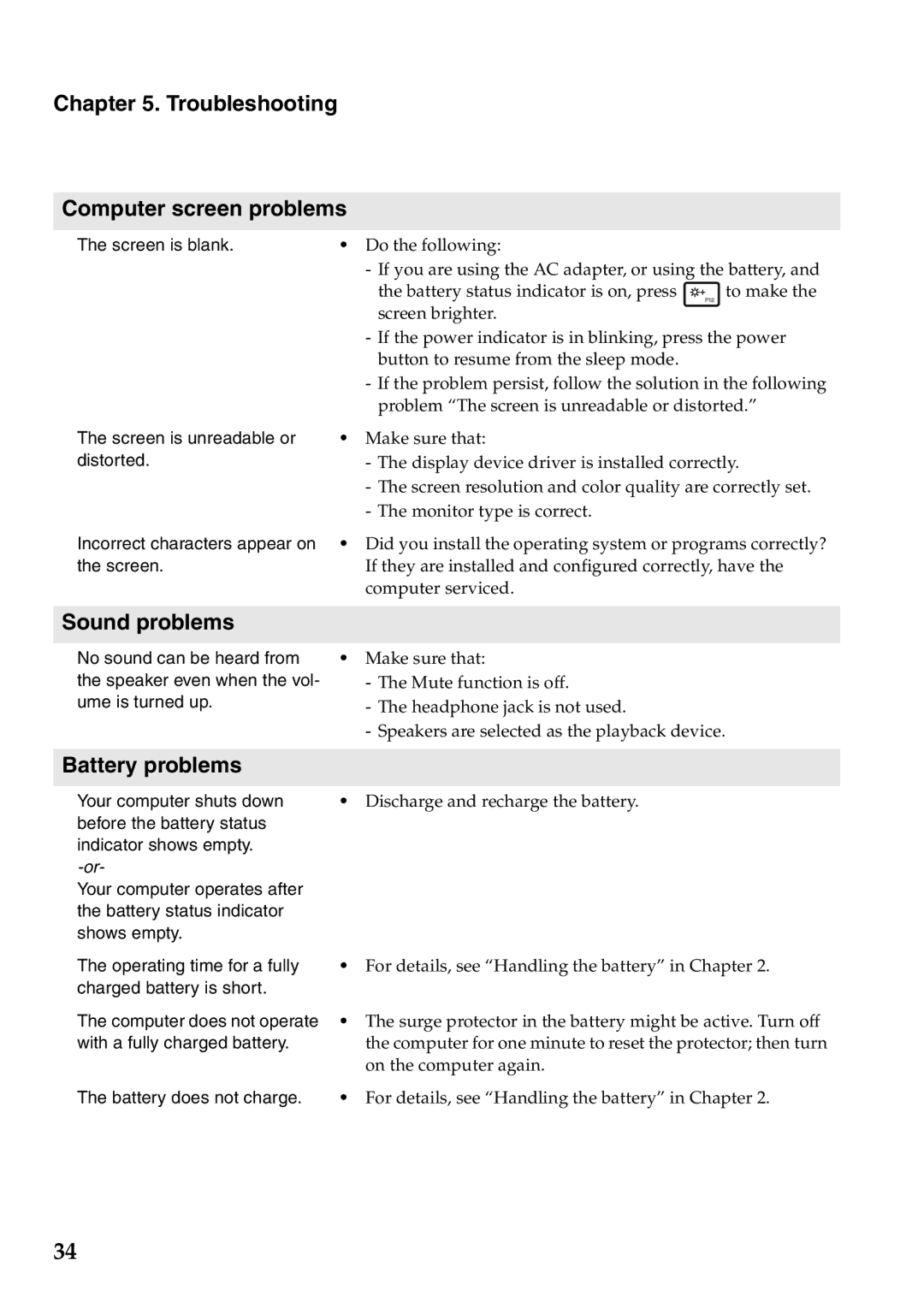 Lenovo S400, S405, S300 manual Troubleshooting Computer screen problems, Sound problems, Battery problems 