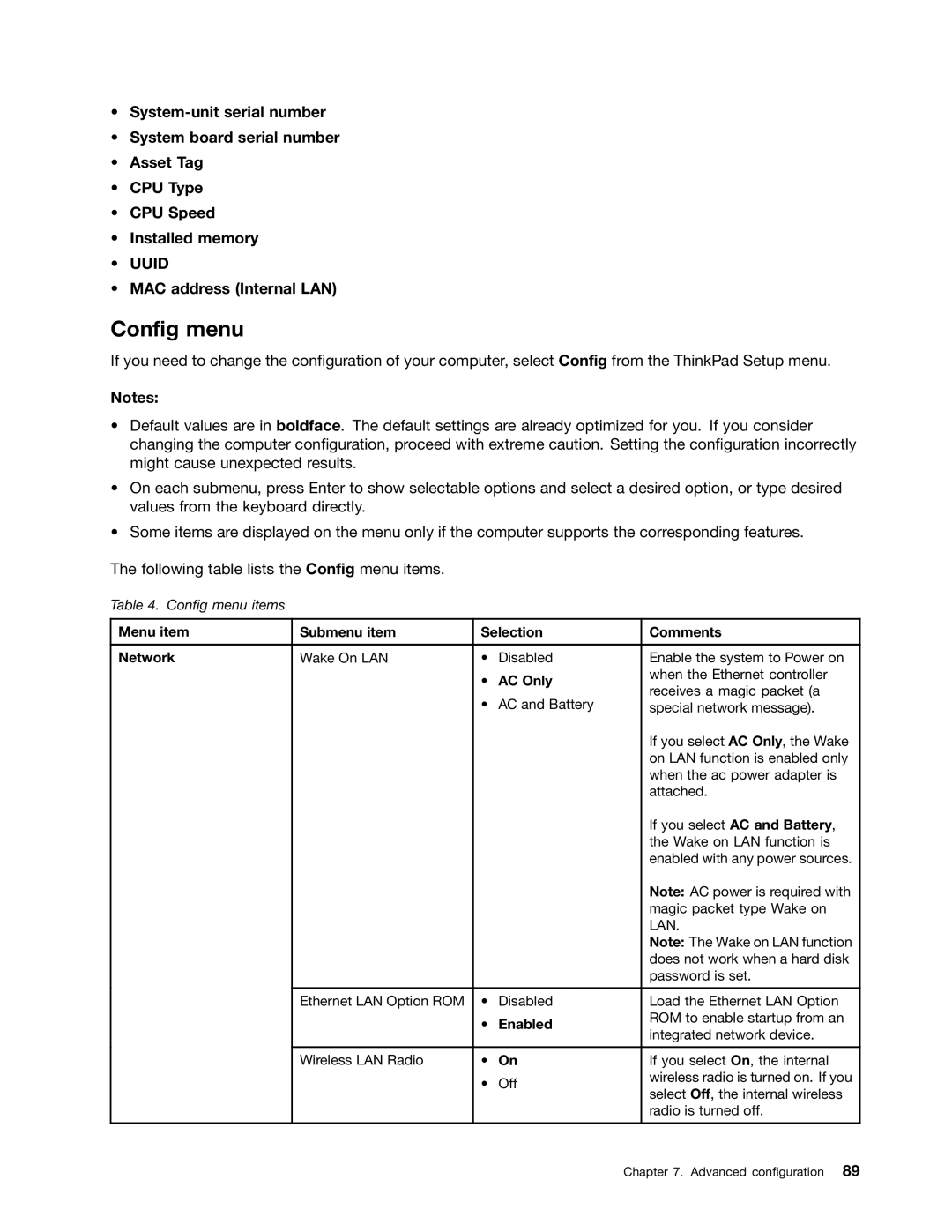 Lenovo S430 Config menu, MAC address Internal LAN, Menu item Submenu item Selection Comments Network, AC Only, Enabled 