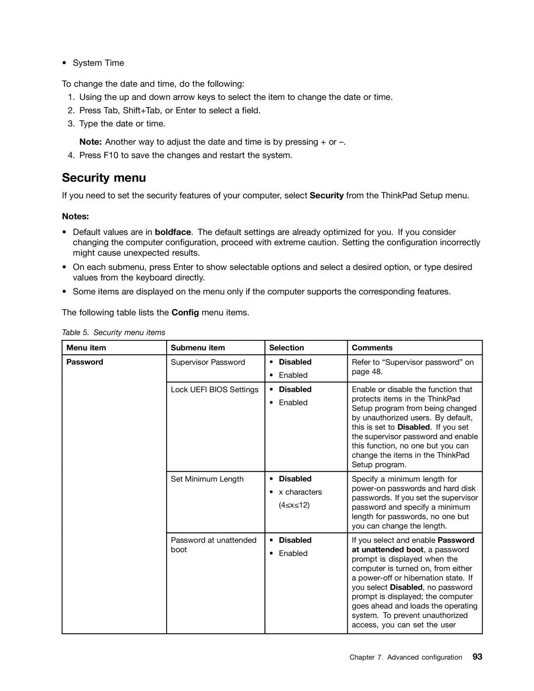 Lenovo S430 manual Security menu, Menu item Submenu item Selection Comments Password, At unattended boot, a password 