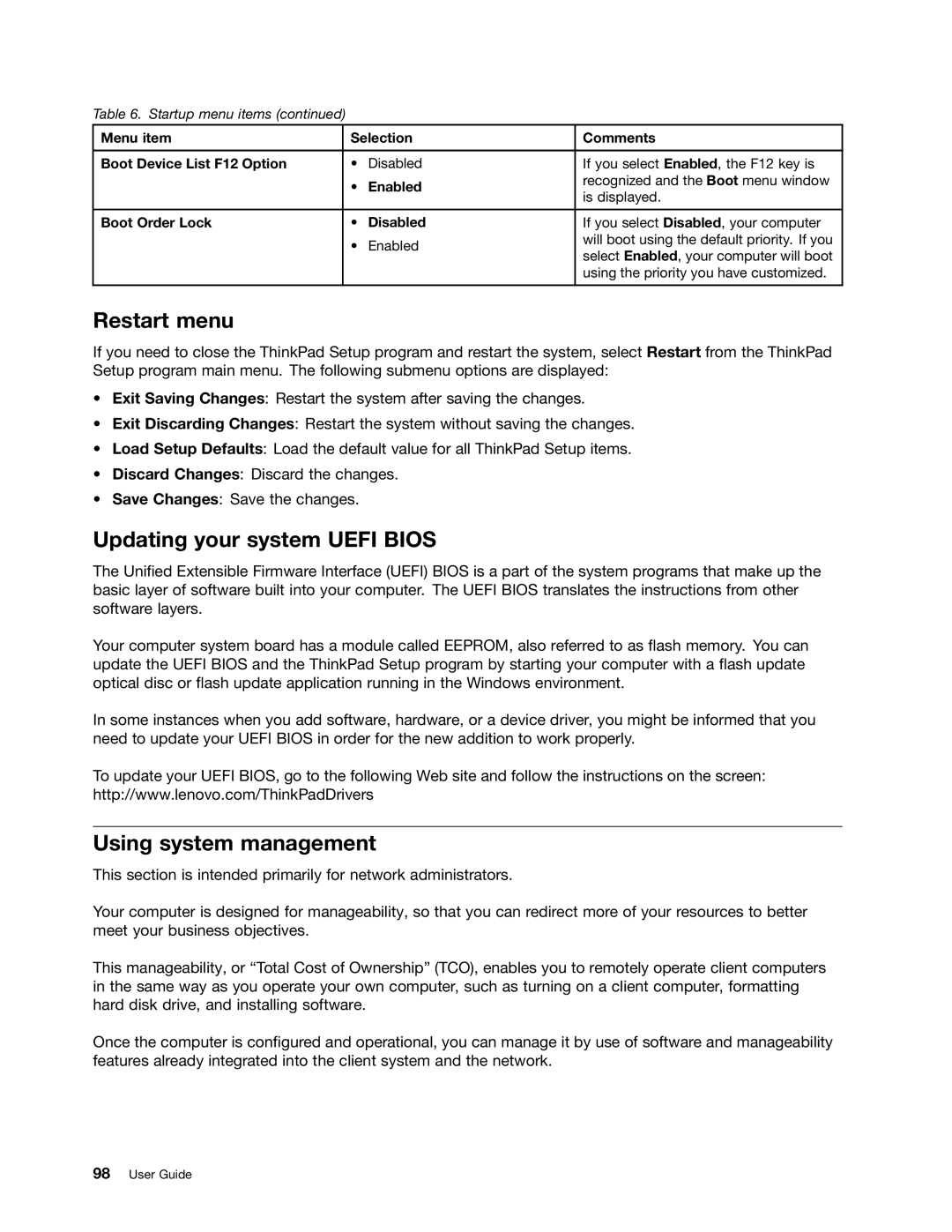 Lenovo S430 manual Restart menu, Updating your system Uefi Bios, Using system management, Boot Order Lock Disabled 