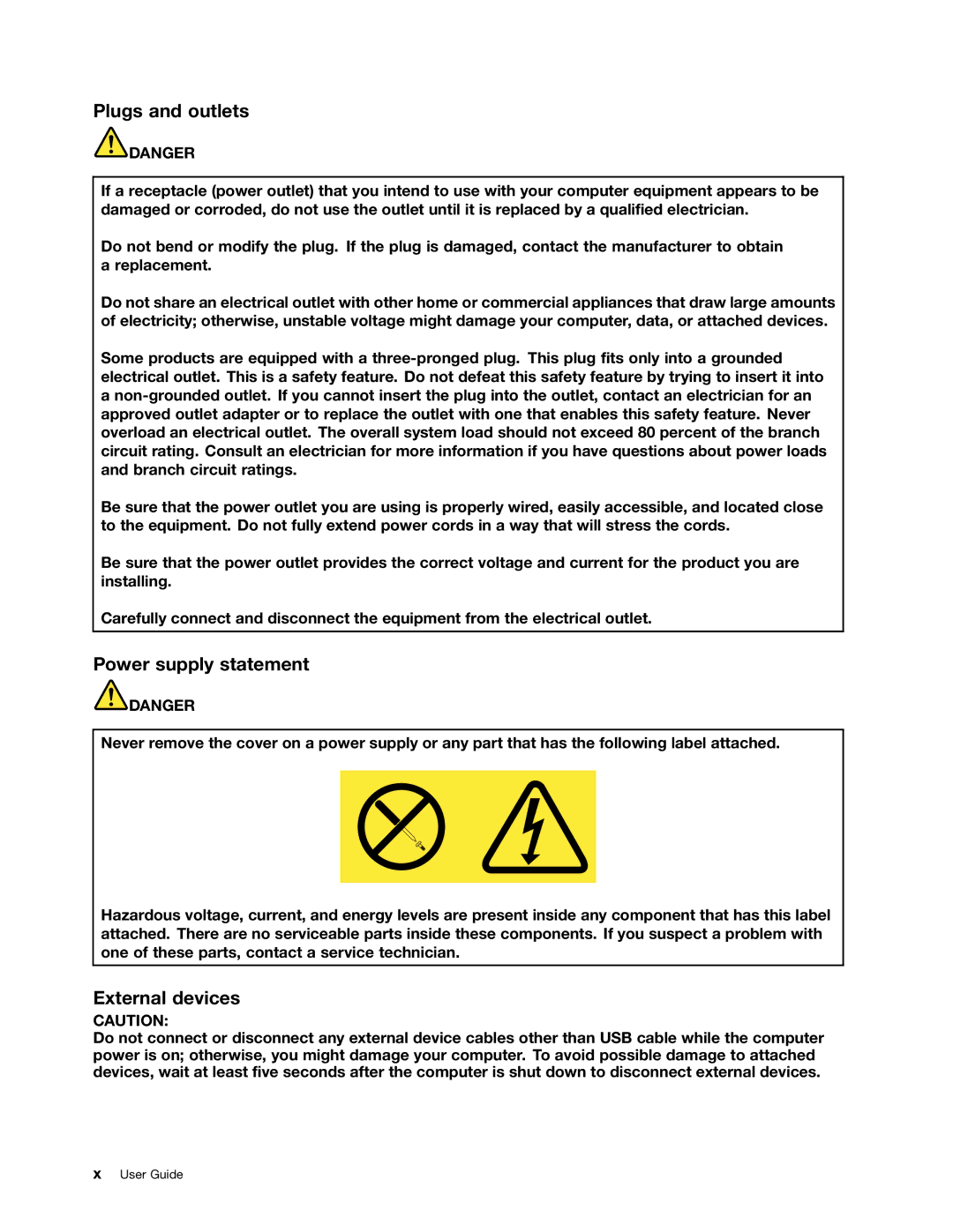 Lenovo S430 manual Plugs and outlets, Power supply statement, External devices 