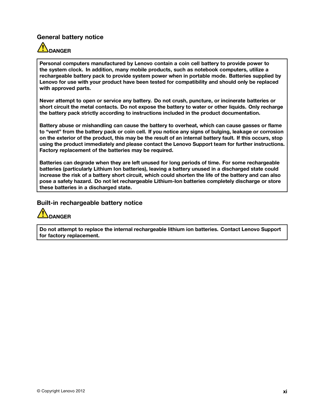 Lenovo S430 manual General battery notice, Built-in rechargeable battery notice 