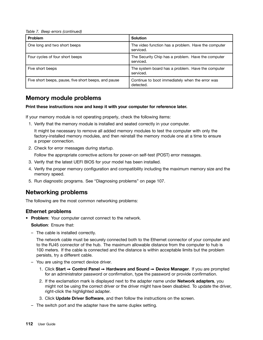 Lenovo S430 manual Memory module problems, Networking problems, Ethernet problems 