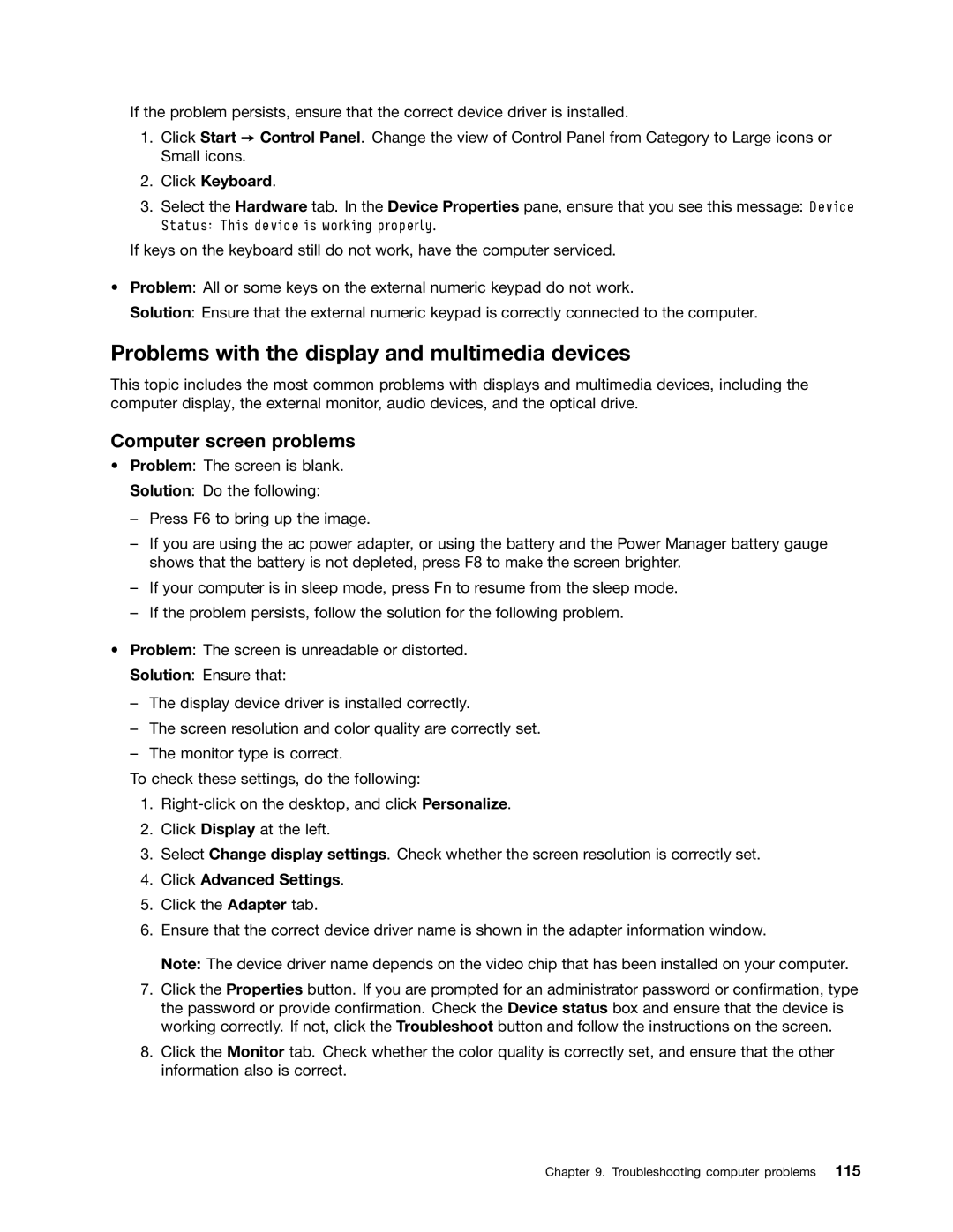 Lenovo S430 manual Problems with the display and multimedia devices, Computer screen problems, Click Keyboard 