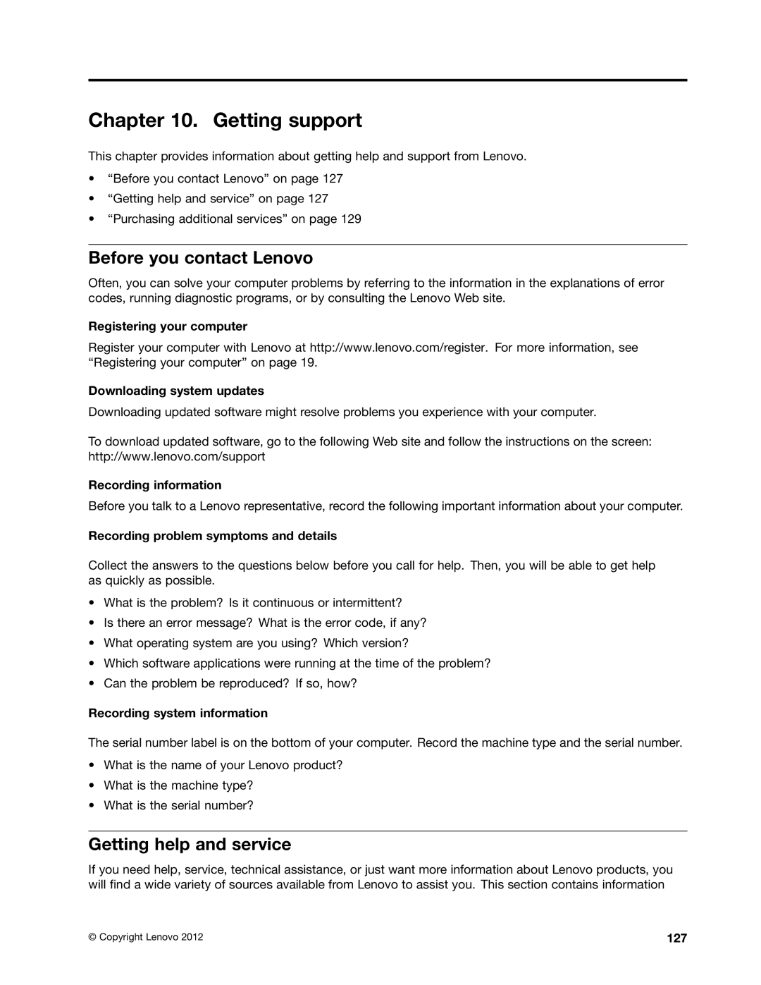 Lenovo S430 manual Getting support, Before you contact Lenovo, Getting help and service 