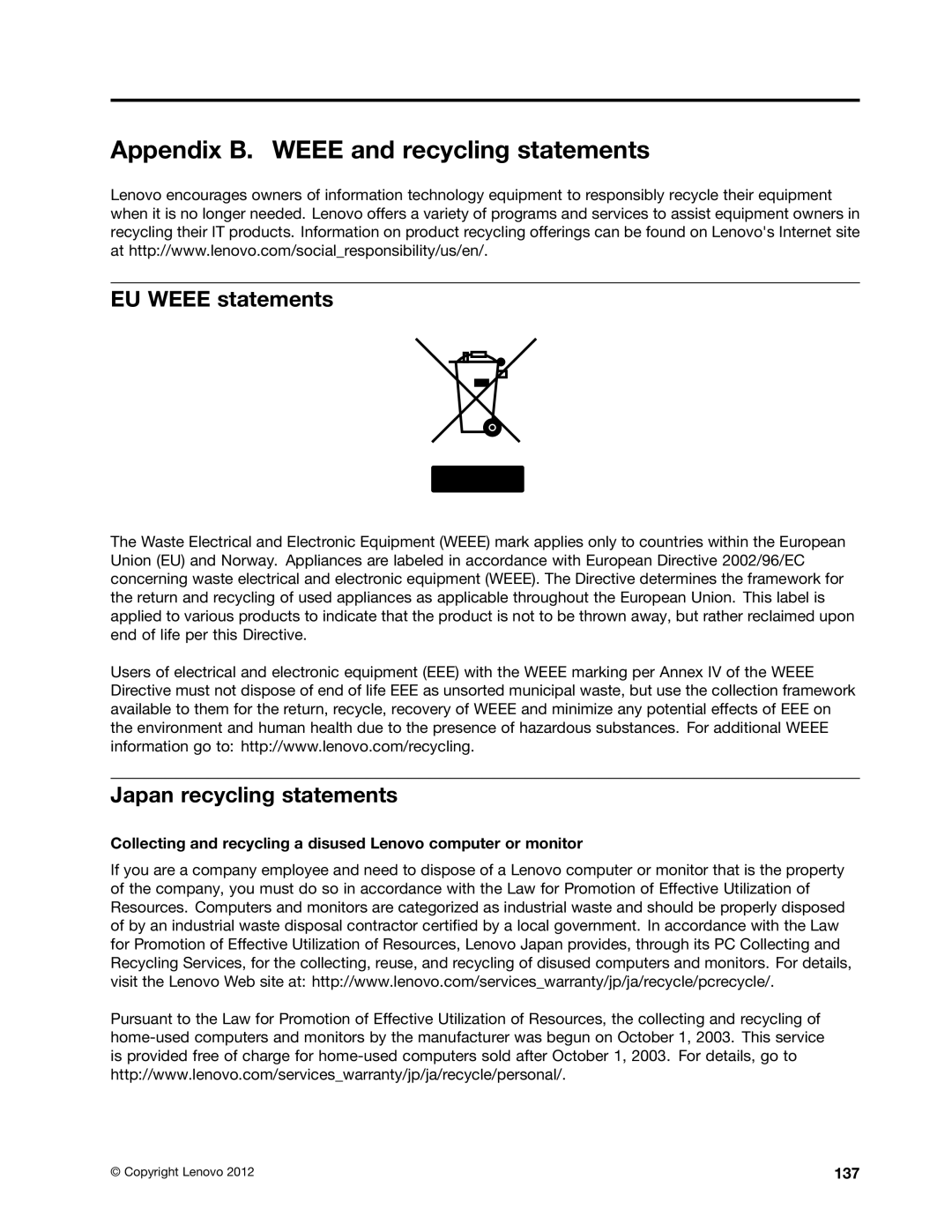 Lenovo S430 manual Appendix B. Weee and recycling statements, EU Weee statements, Japan recycling statements, 137 