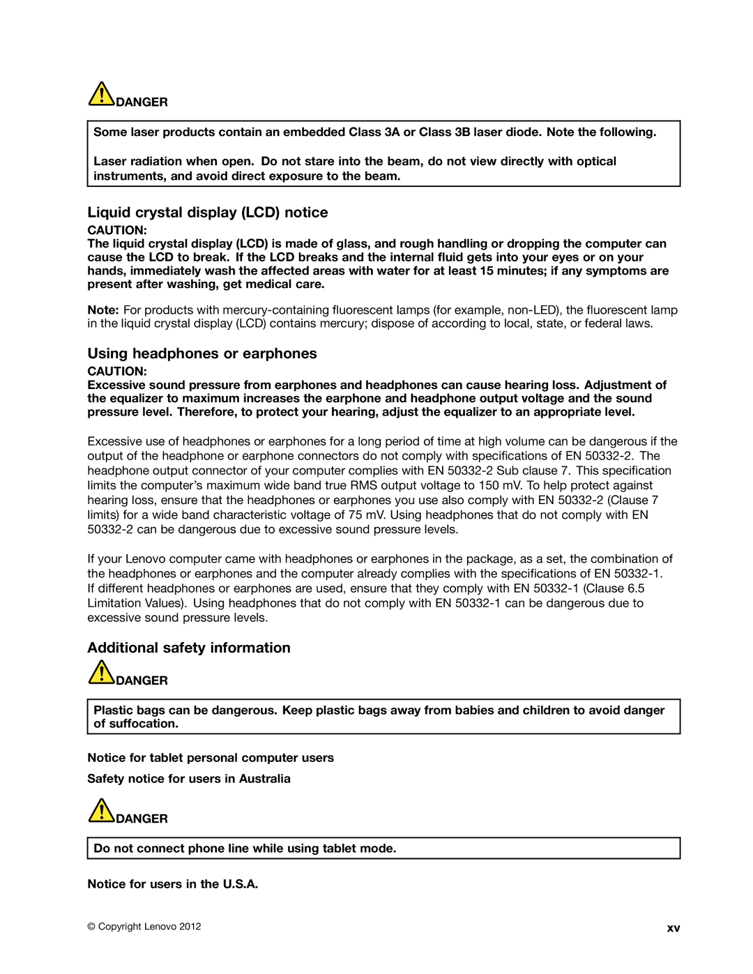 Lenovo S430 manual Liquid crystal display LCD notice, Using headphones or earphones, Additional safety information 