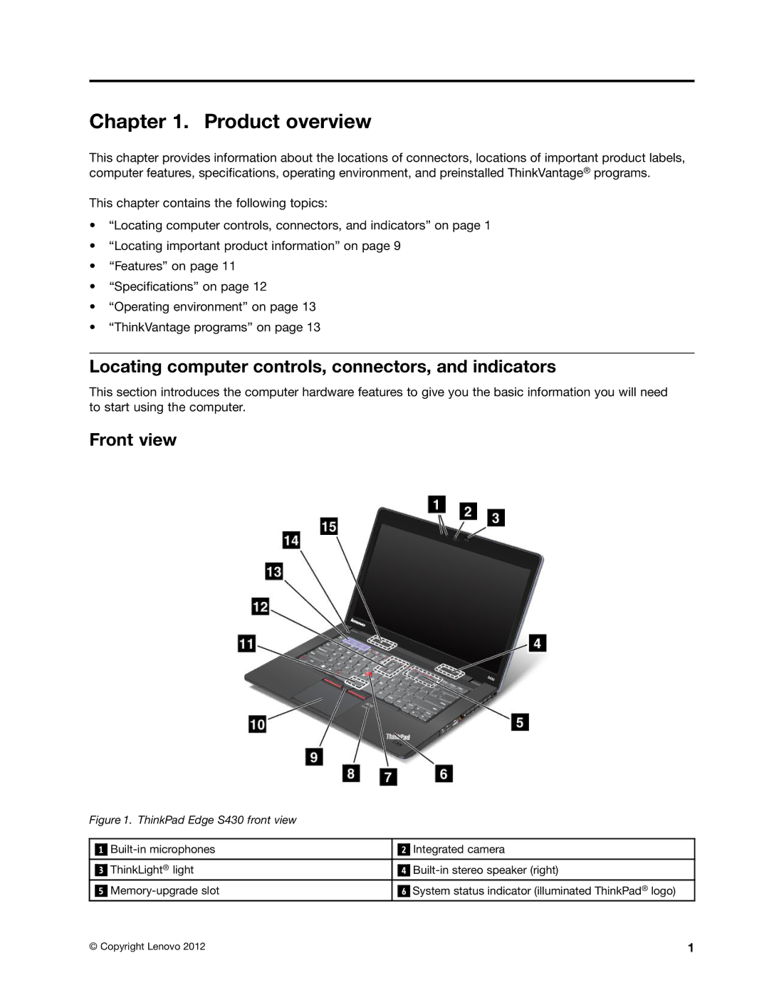 Lenovo S430 manual Product overview, Locating computer controls, connectors, and indicators, Front view 