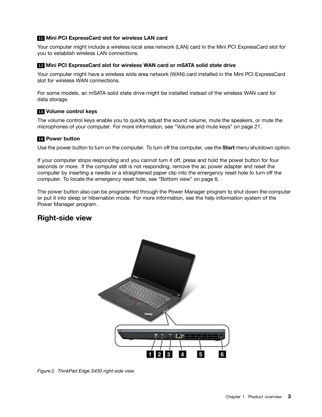 Lenovo S430 manual Right-side view, Mini PCI ExpressCard slot for wireless LAN card, Volume control keys, Power button 