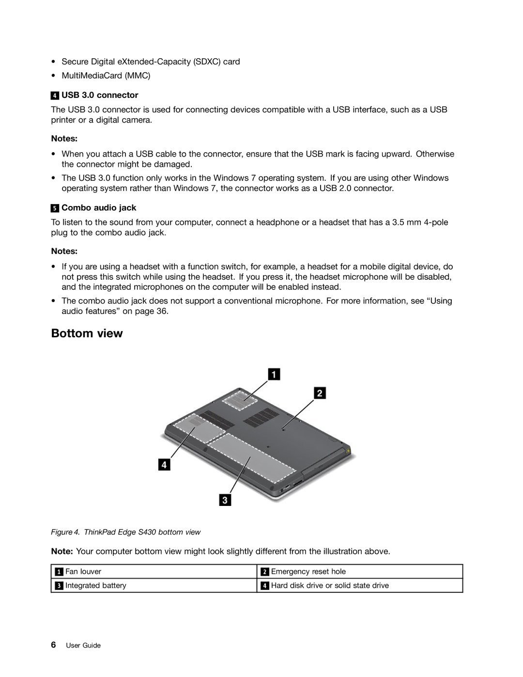 Lenovo S430 manual Bottom view, Combo audio jack 