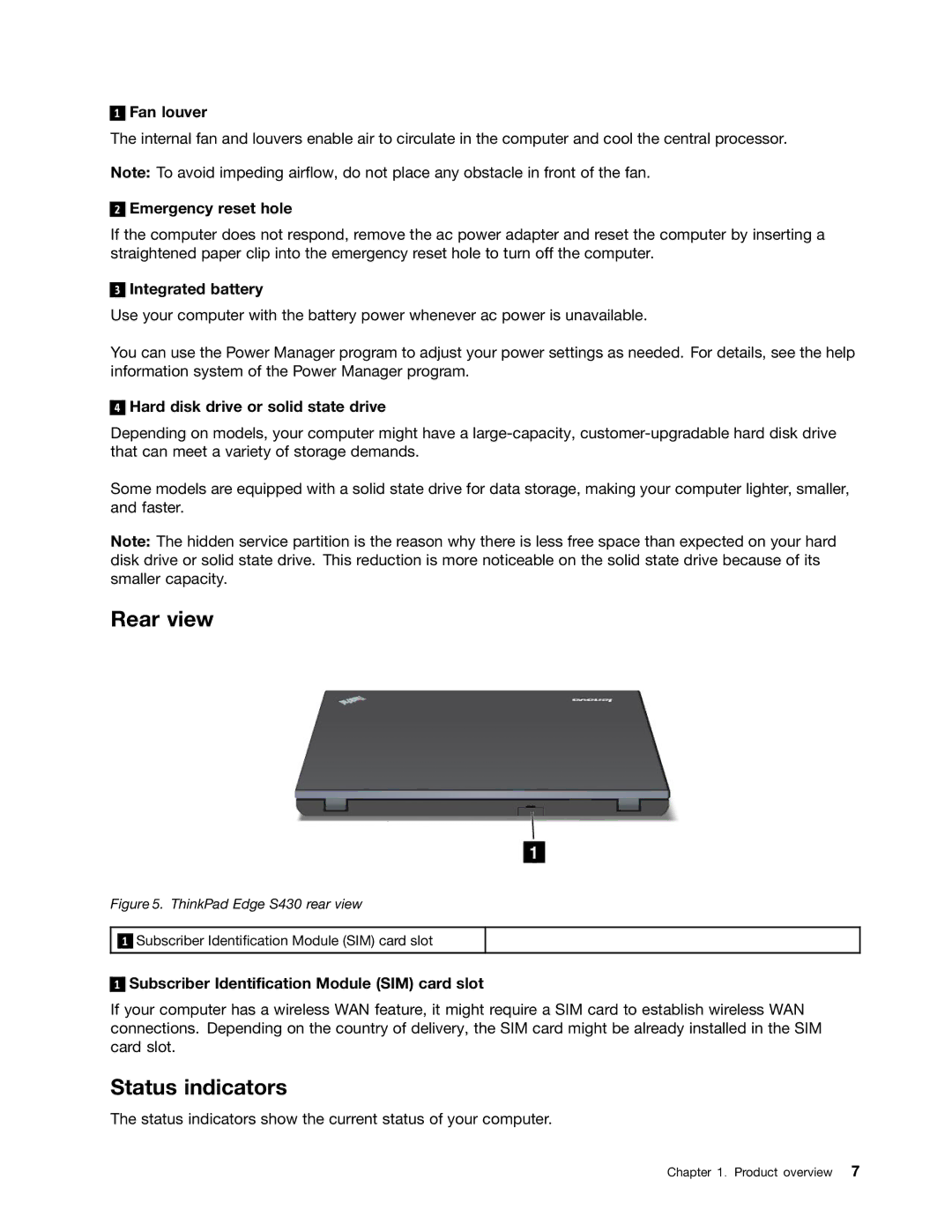 Lenovo S430 manual Rear view, Status indicators 