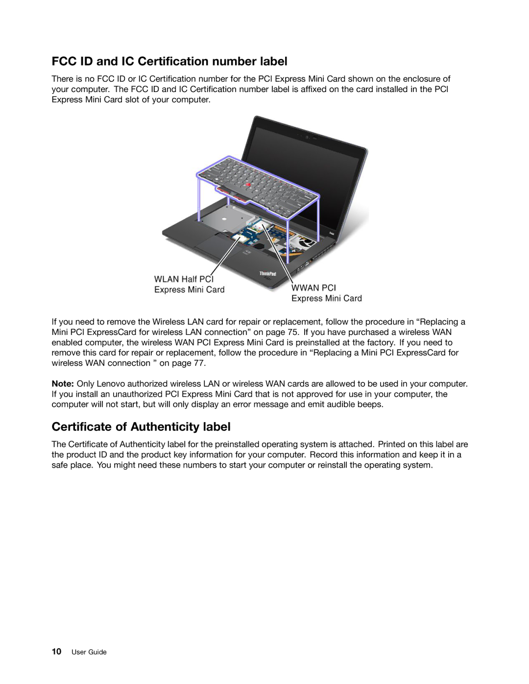 Lenovo S430 manual FCC ID and IC Certification number label, Certificate of Authenticity label 