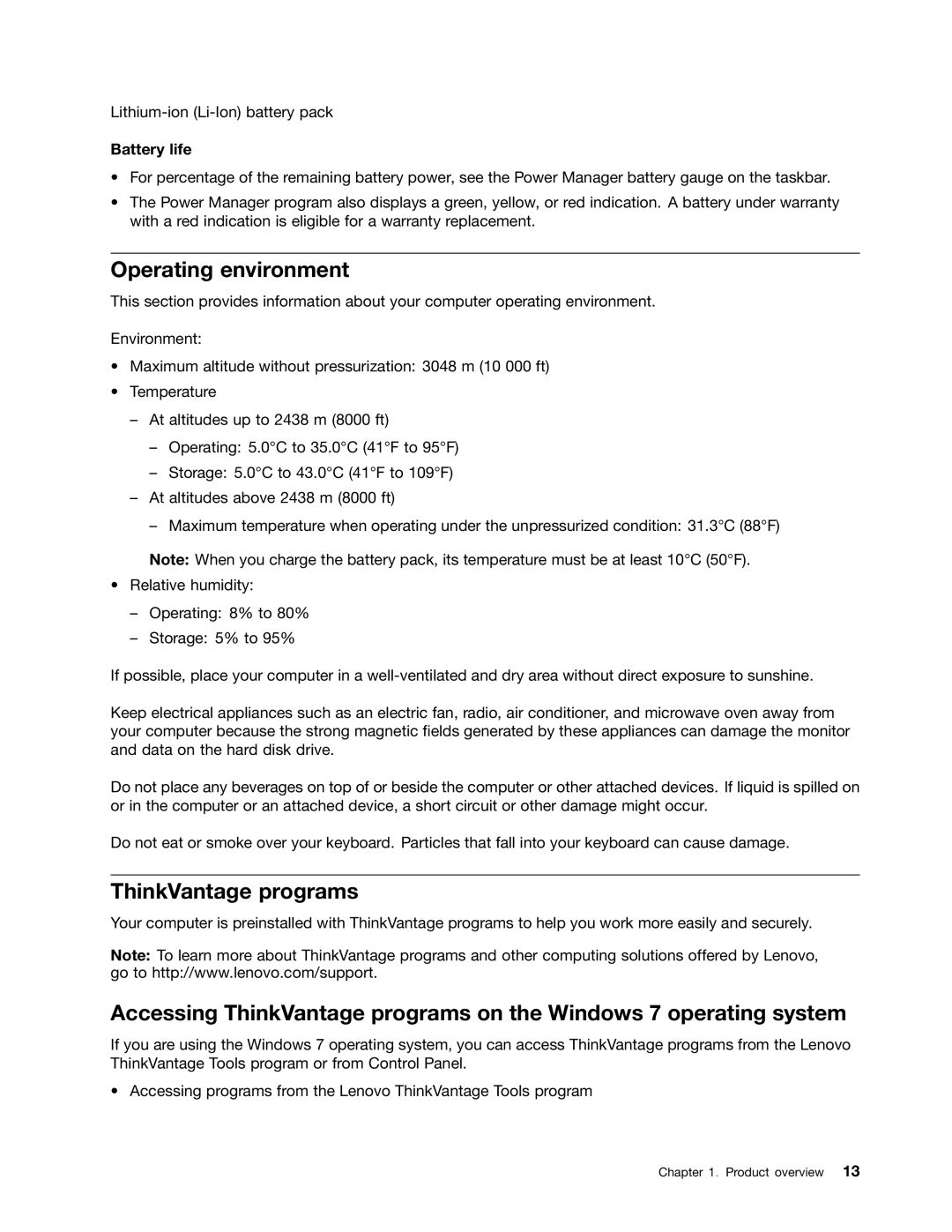 Lenovo S430 manual Operating environment, ThinkVantage programs, Battery life 