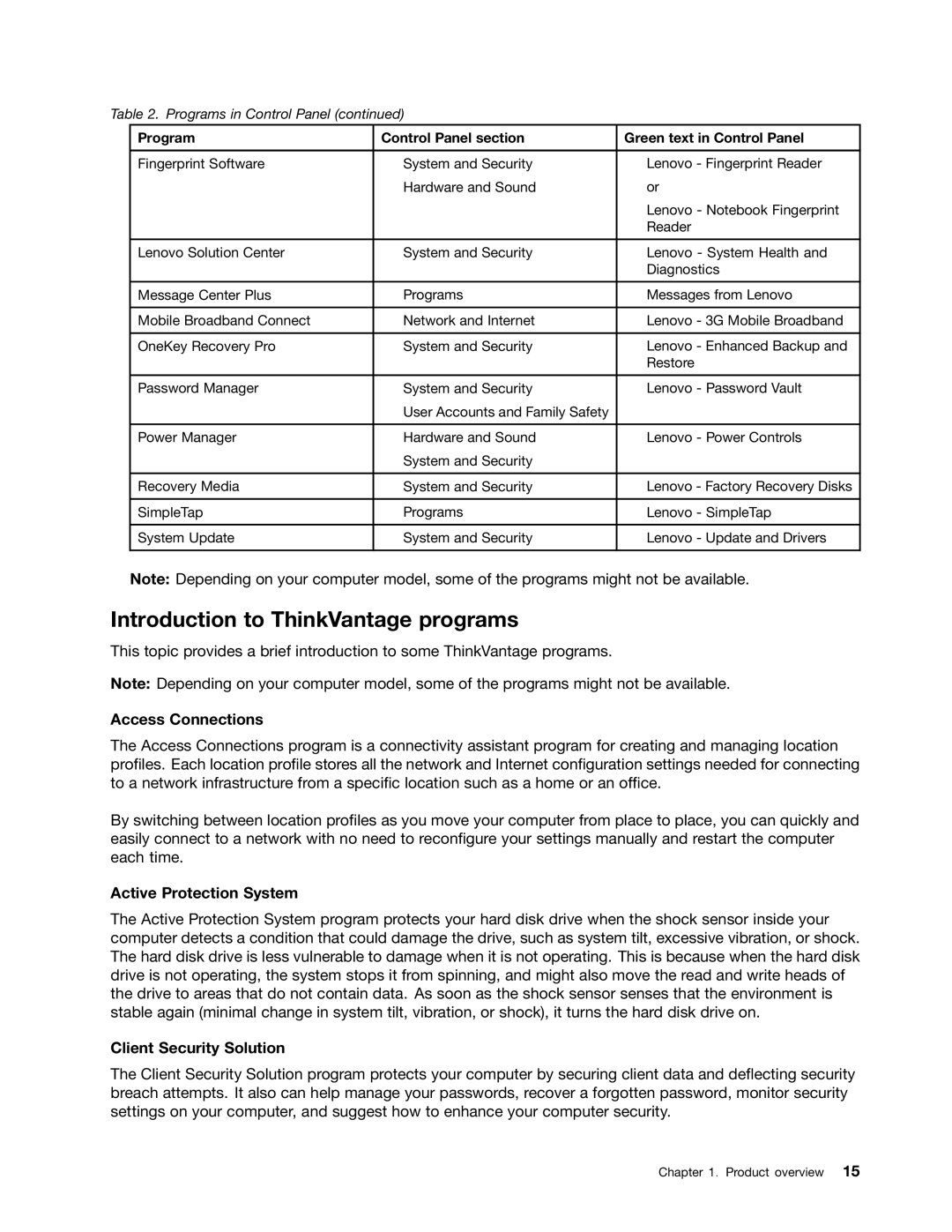 Lenovo S430 Introduction to ThinkVantage programs, Access Connections, Active Protection System, Client Security Solution 