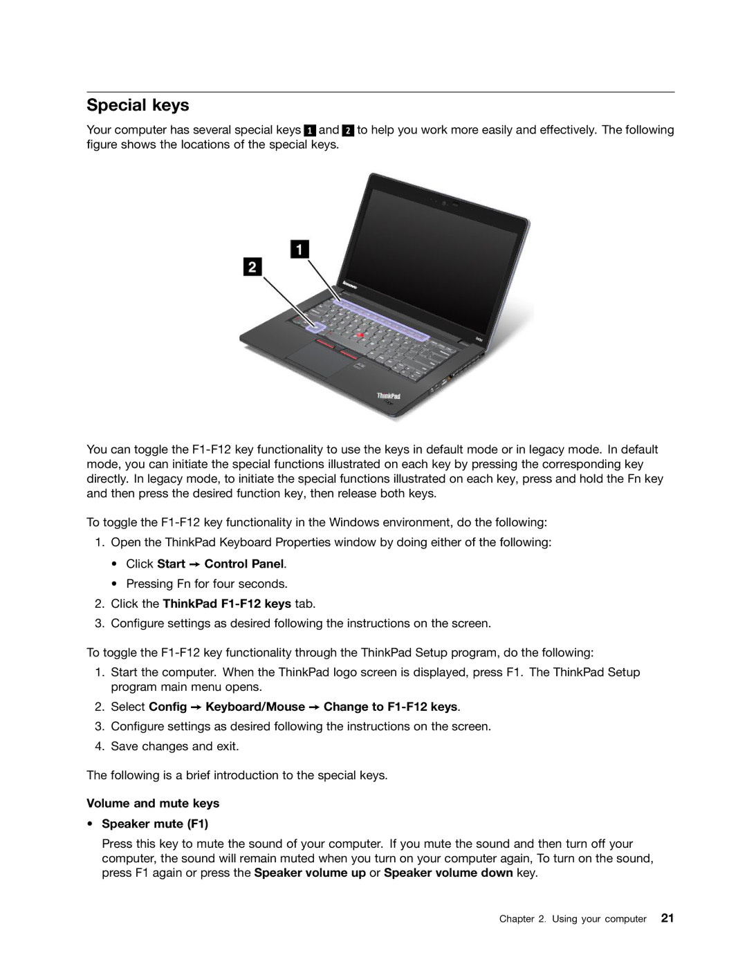 Lenovo S430 manual Special keys, Click Start Control Panel, Click the ThinkPad F1-F12 keys tab 