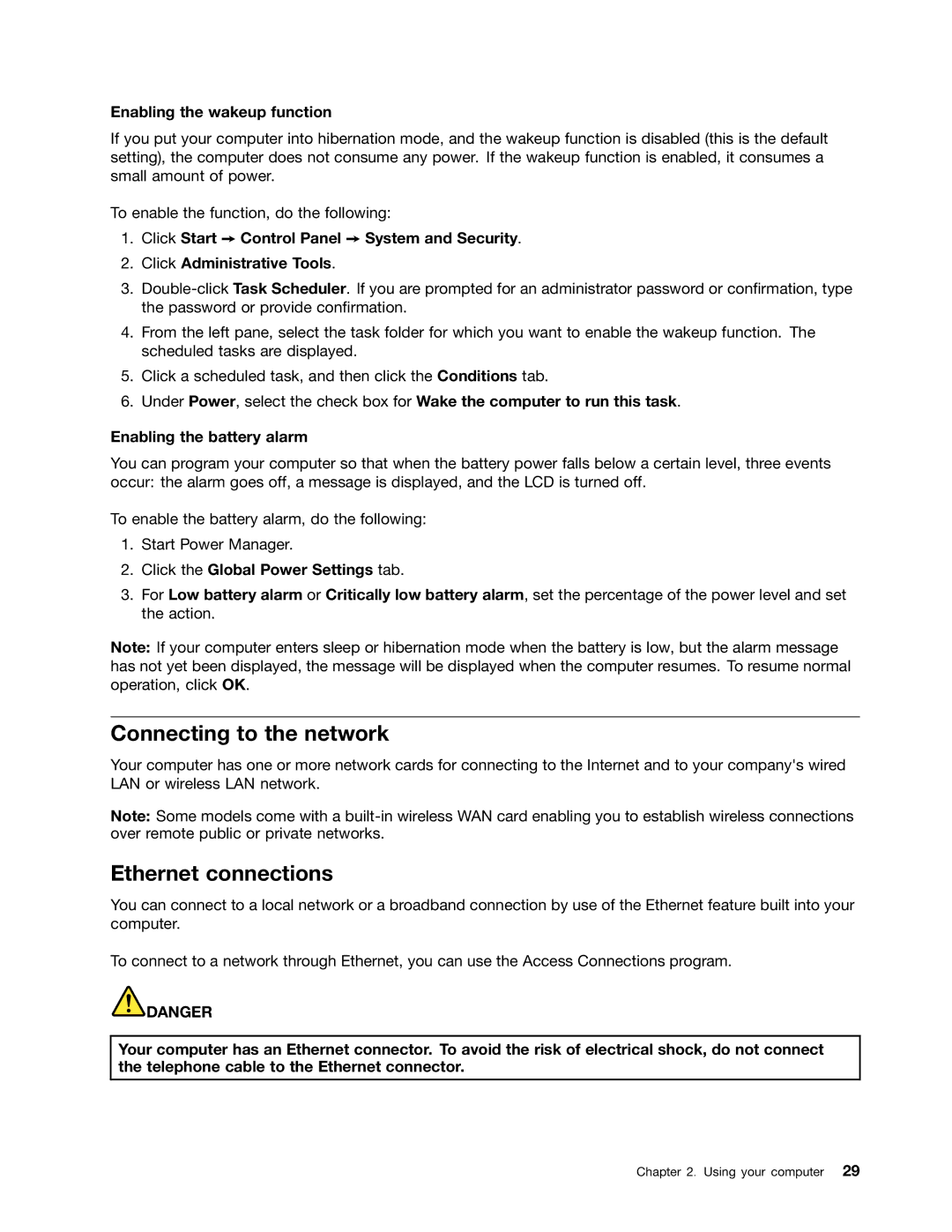 Lenovo S430 manual Connecting to the network, Ethernet connections, Enabling the wakeup function 