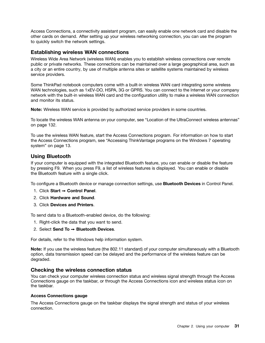 Lenovo S430 manual Establishing wireless WAN connections, Using Bluetooth, Checking the wireless connection status 