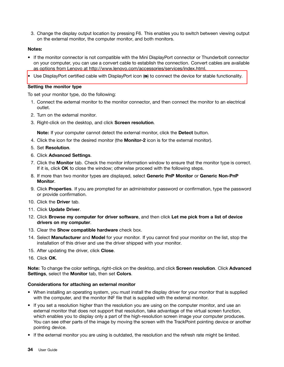 Lenovo S430 manual Setting the monitor type, Set Resolution Click Advanced Settings 