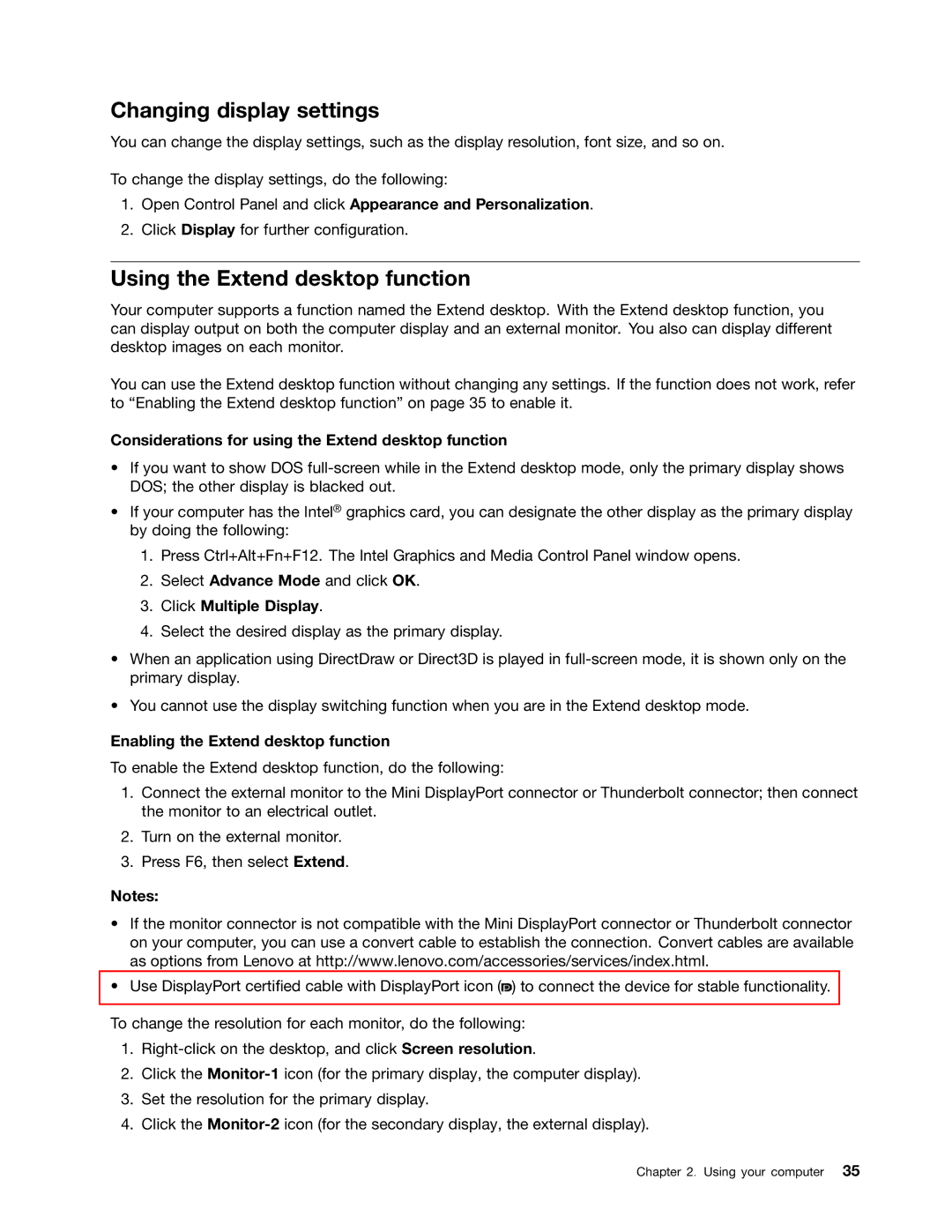 Lenovo S430 manual Changing display settings, Using the Extend desktop function, Click Multiple Display 