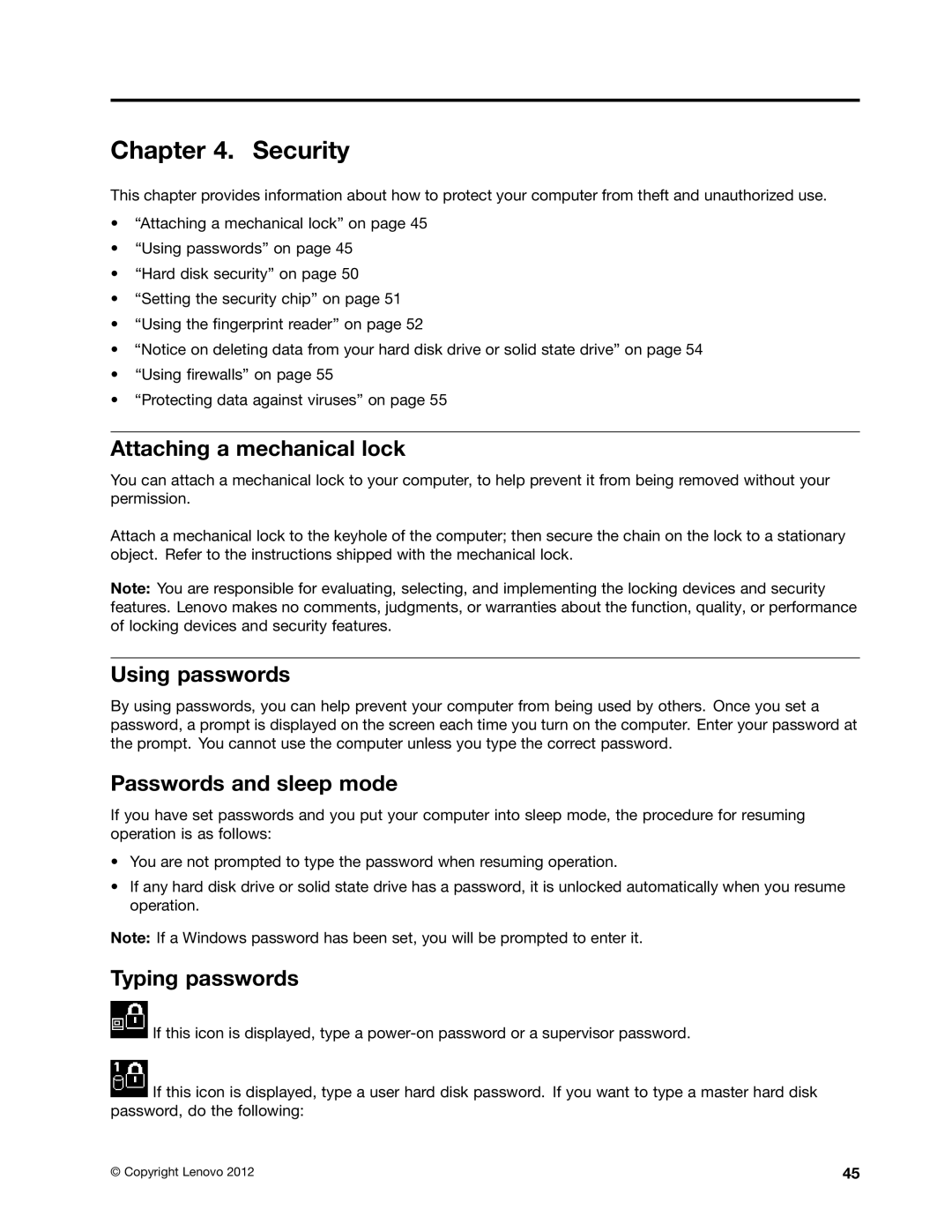 Lenovo S430 manual Security, Attaching a mechanical lock, Using passwords, Passwords and sleep mode, Typing passwords 