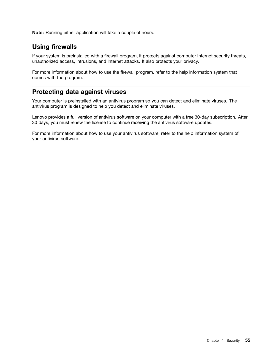 Lenovo S430 manual Using firewalls, Protecting data against viruses 