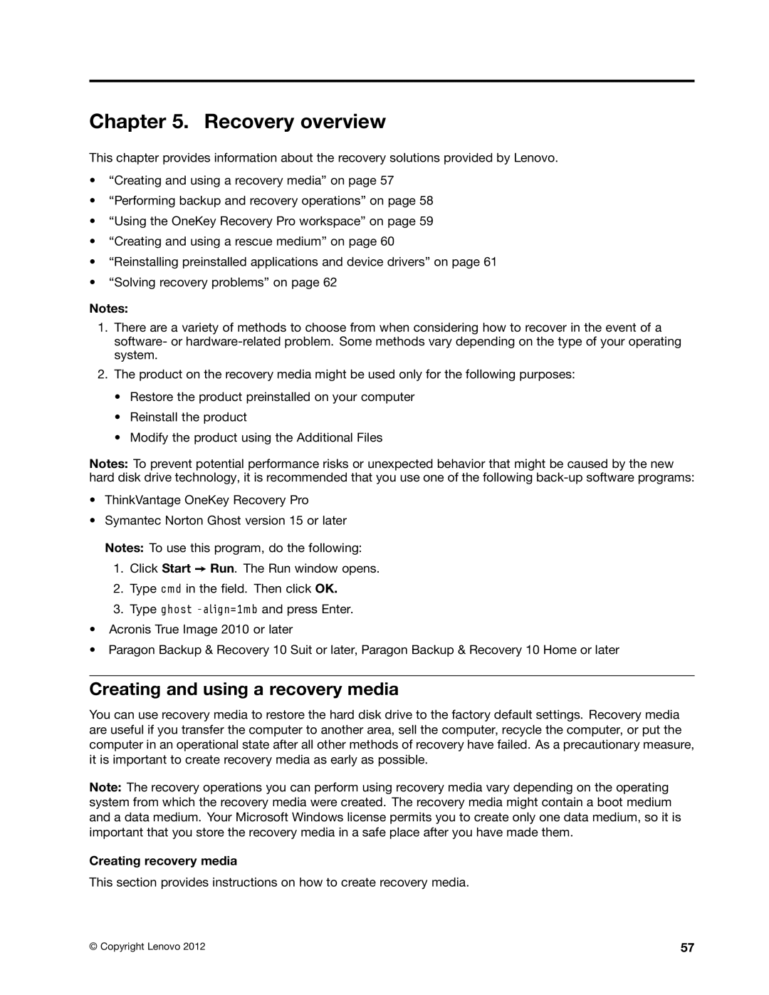 Lenovo S430 manual Recovery overview, Creating and using a recovery media, Creating recovery media 