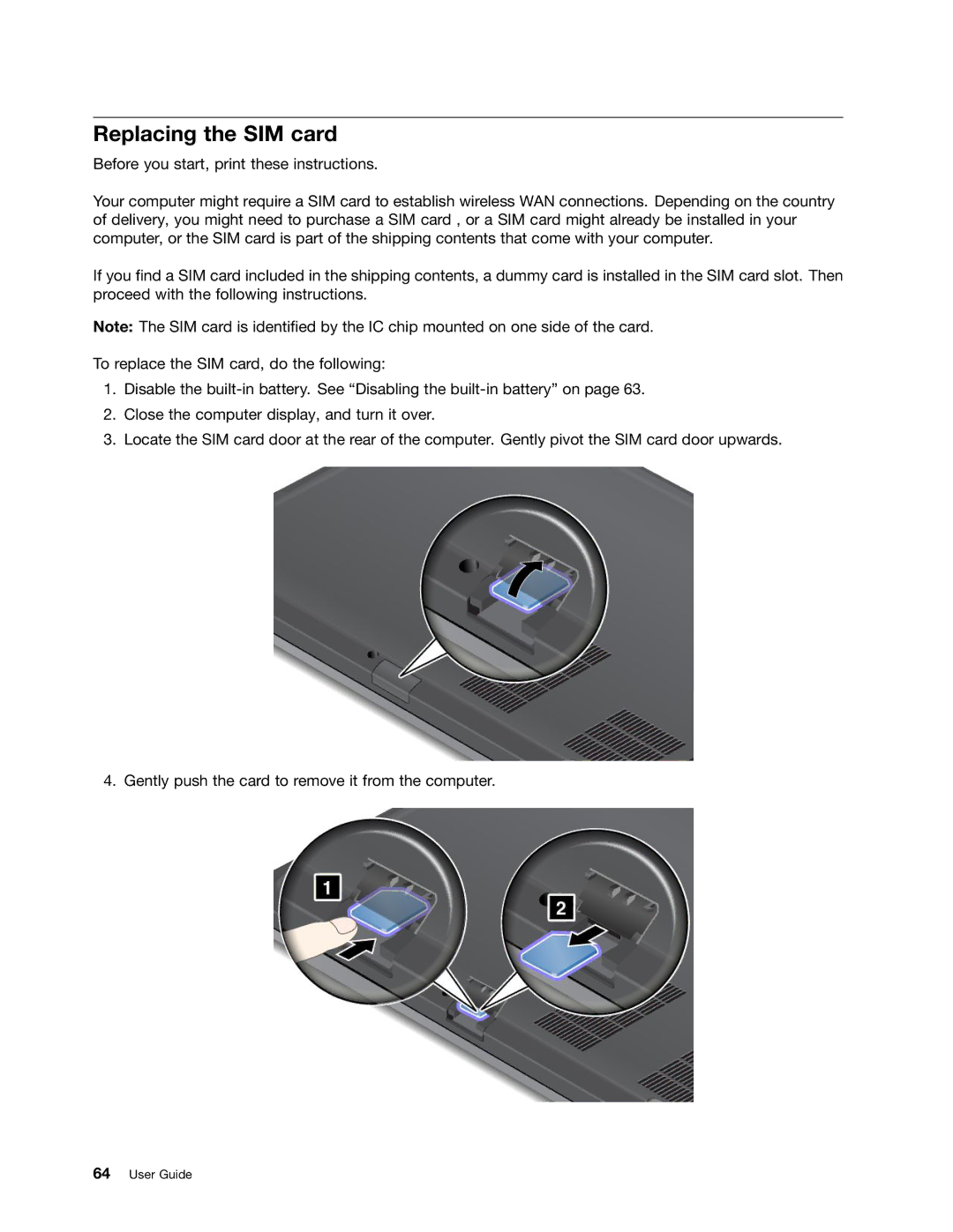 Lenovo S430 manual Replacing the SIM card 