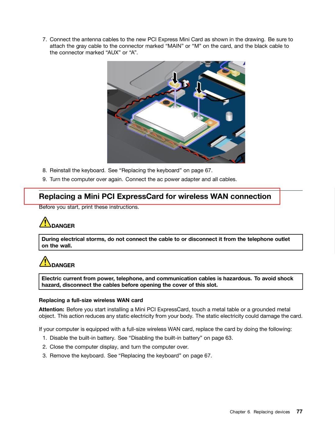 Lenovo S430 manual Replacing a Mini PCI ExpressCard for wireless WAN connection 