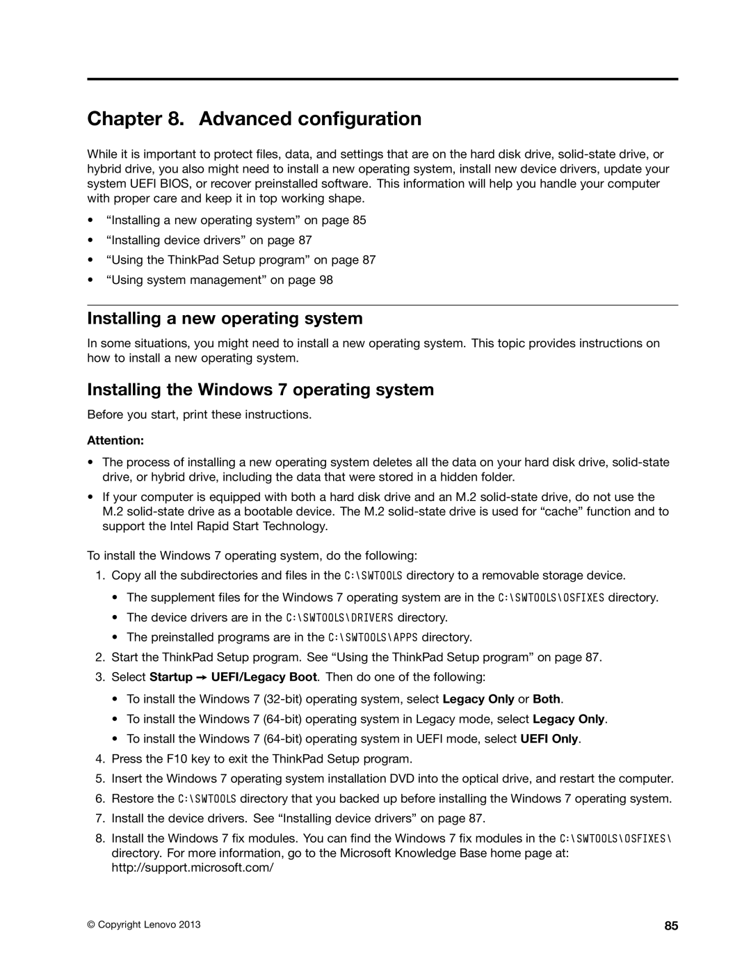 Lenovo S540 manual Advanced configuration, Installing a new operating system, Installing the Windows 7 operating system 