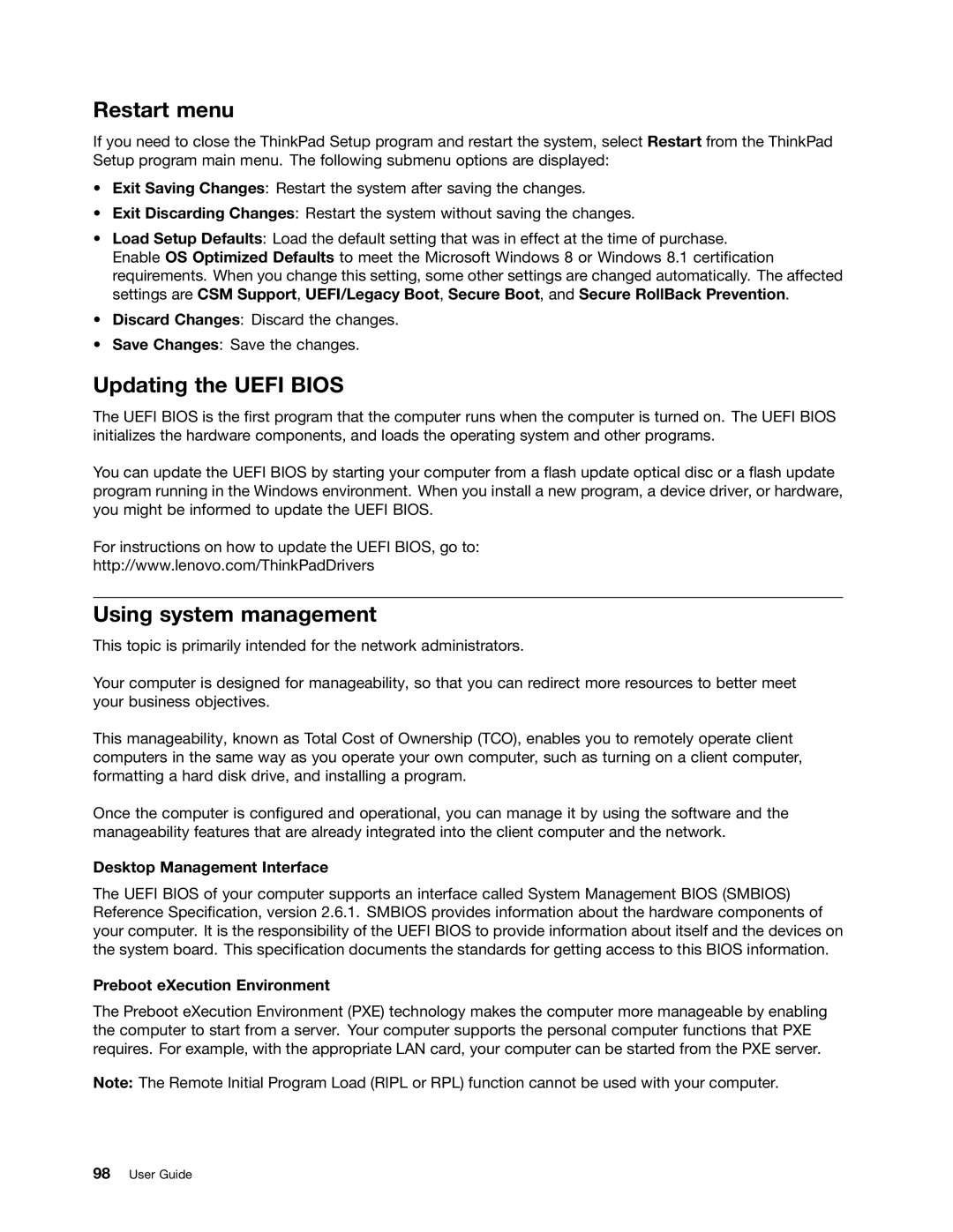 Lenovo S540 manual Restart menu, Updating the Uefi Bios, Using system management, Desktop Management Interface 