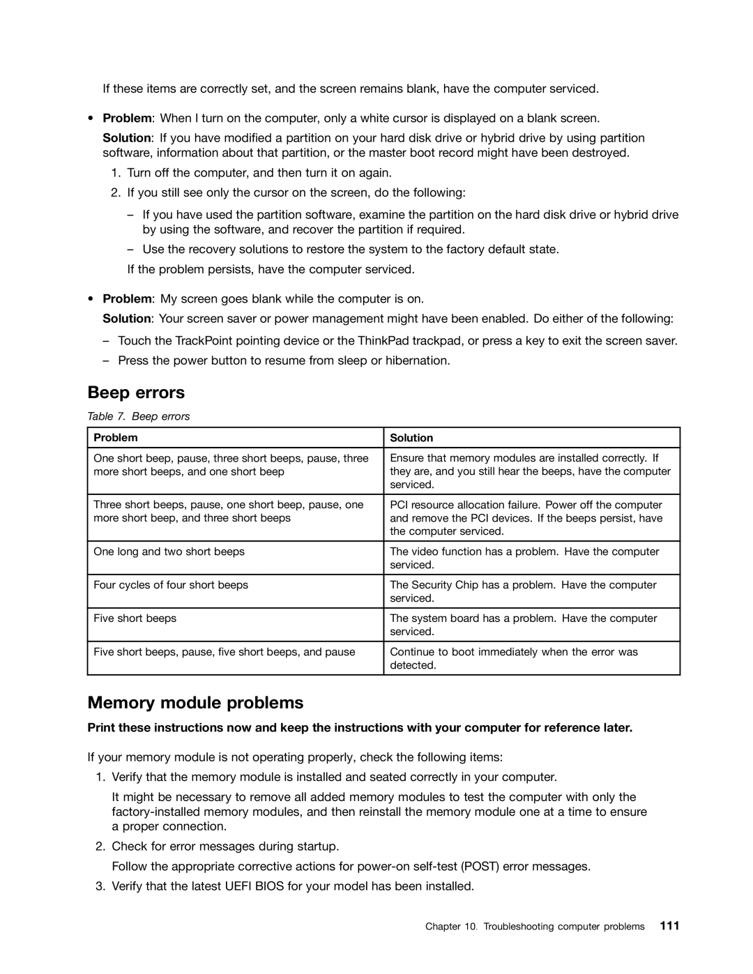 Lenovo S540 manual Beep errors, Memory module problems, Problem Solution 