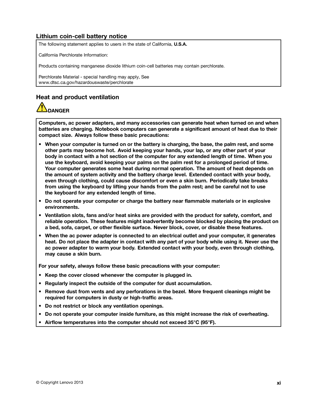 Lenovo S540 manual Lithium coin-cell battery notice, Heat and product ventilation 