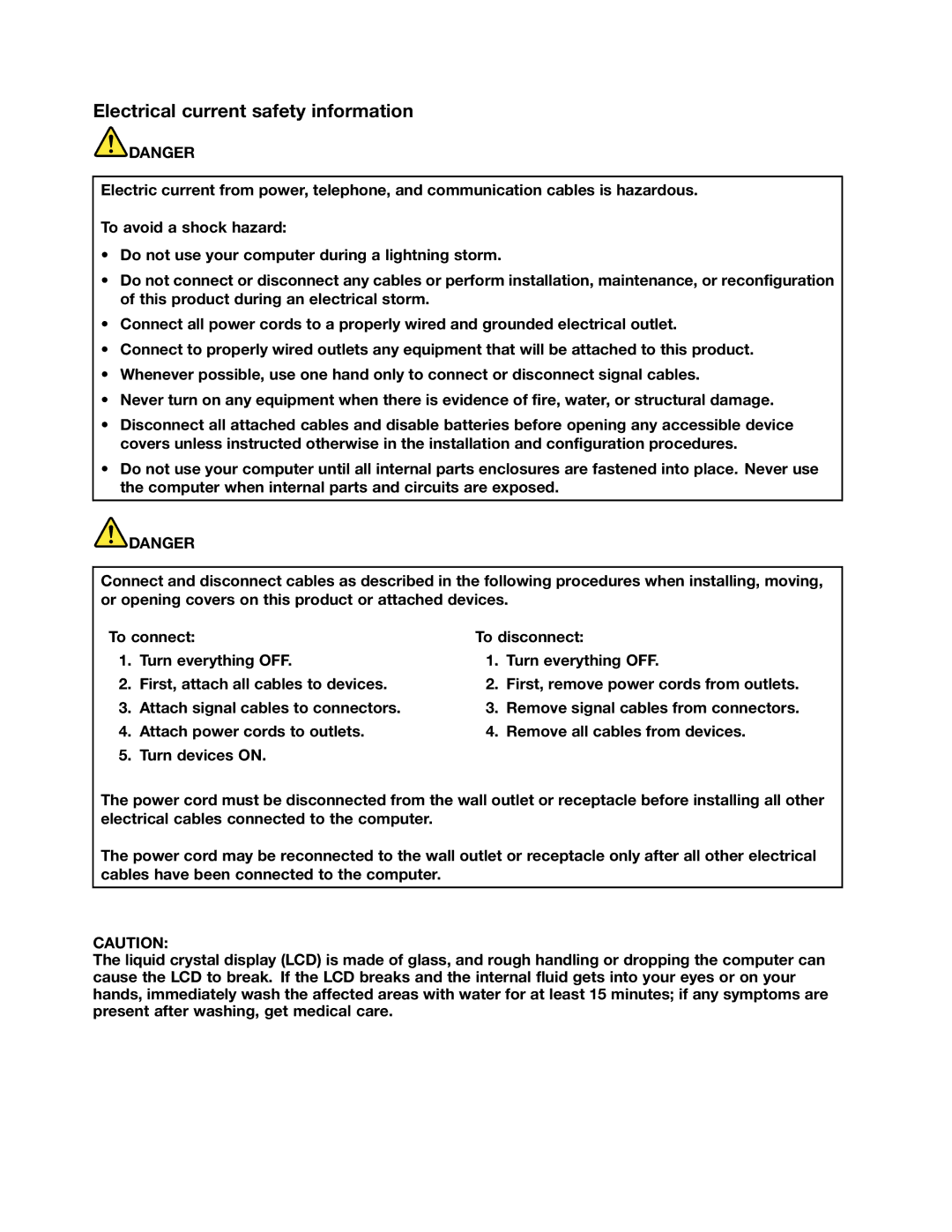 Lenovo S540 manual Electrical current safety information, Liquid crystal display LCD notice, Using headphones or earphones 