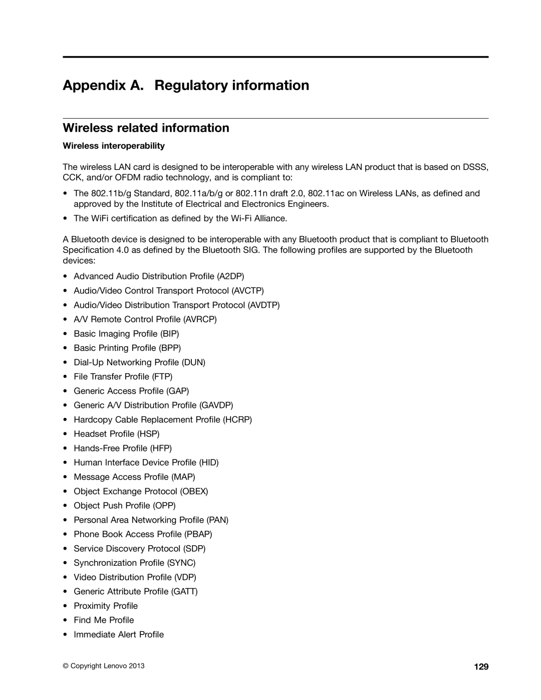 Lenovo S540 manual Appendix A. Regulatory information, Wireless related information, Wireless interoperability, 129 