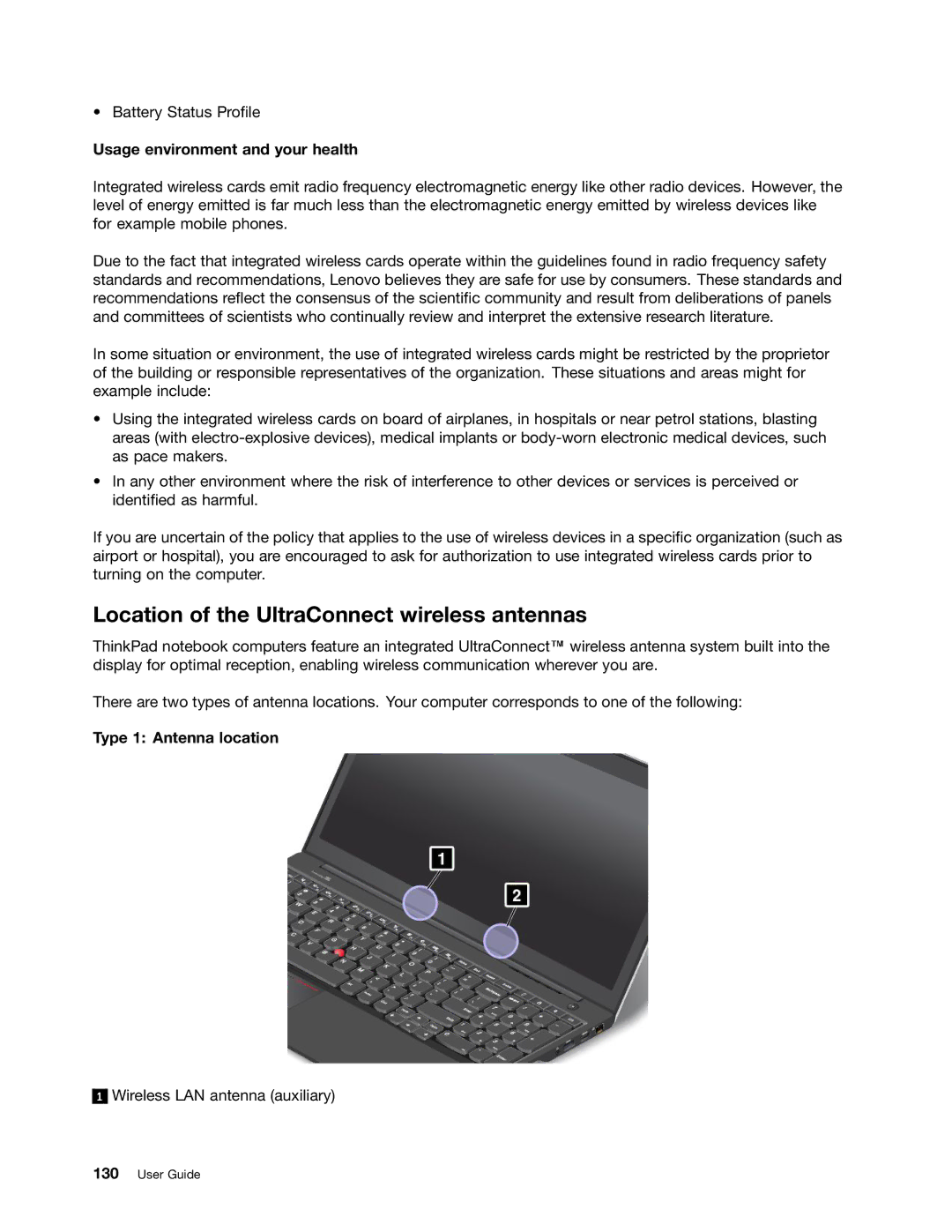 Lenovo S540 Location of the UltraConnect wireless antennas, Usage environment and your health, Type 1 Antenna location 