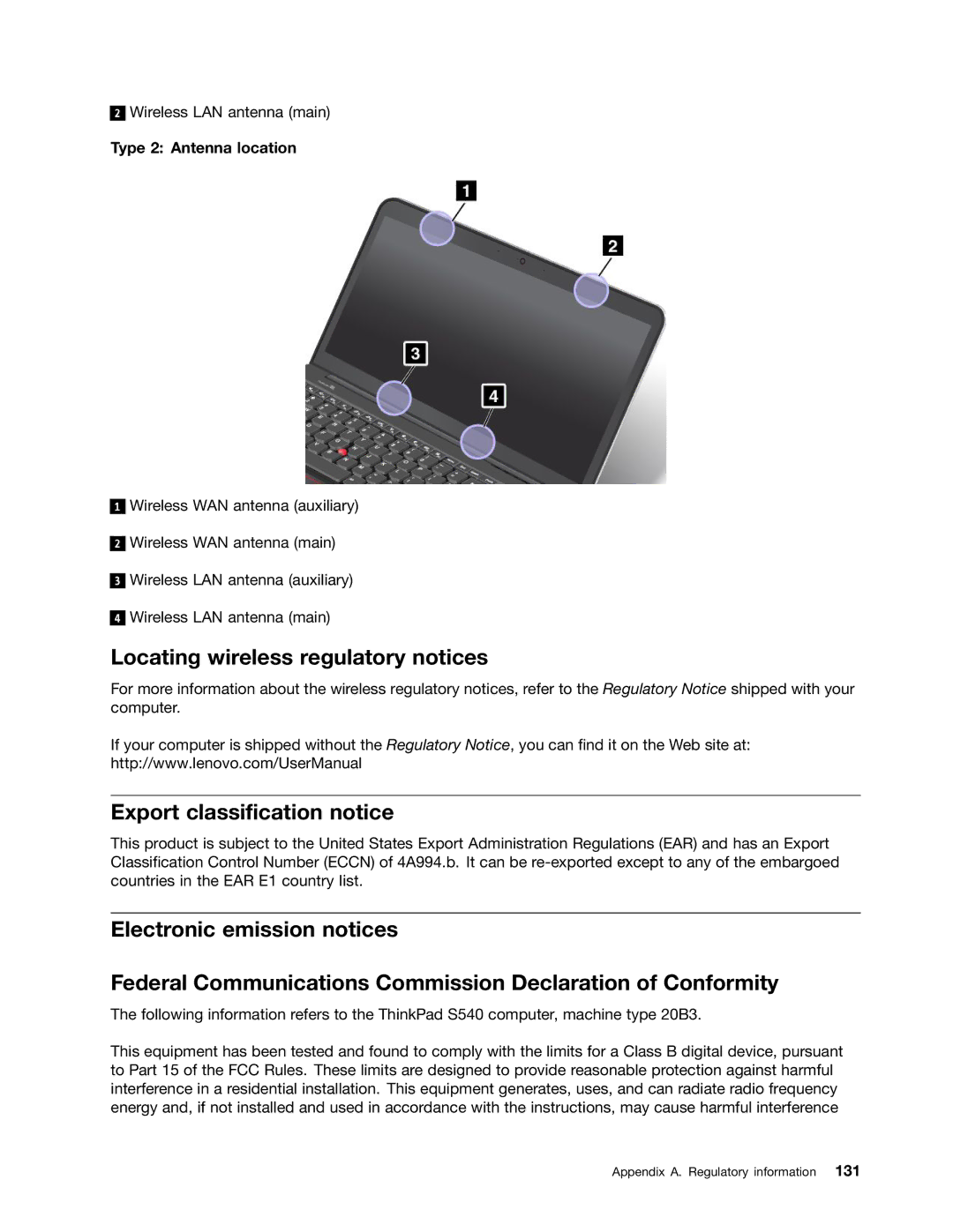 Lenovo S540 manual Locating wireless regulatory notices, Export classification notice, Type 2 Antenna location 