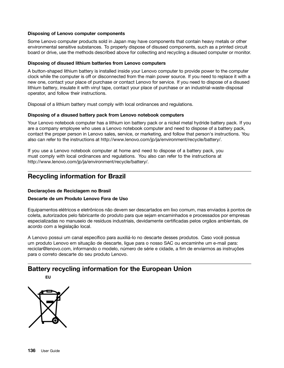 Lenovo S540 manual Recycling information for Brazil, Battery recycling information for the European Union 