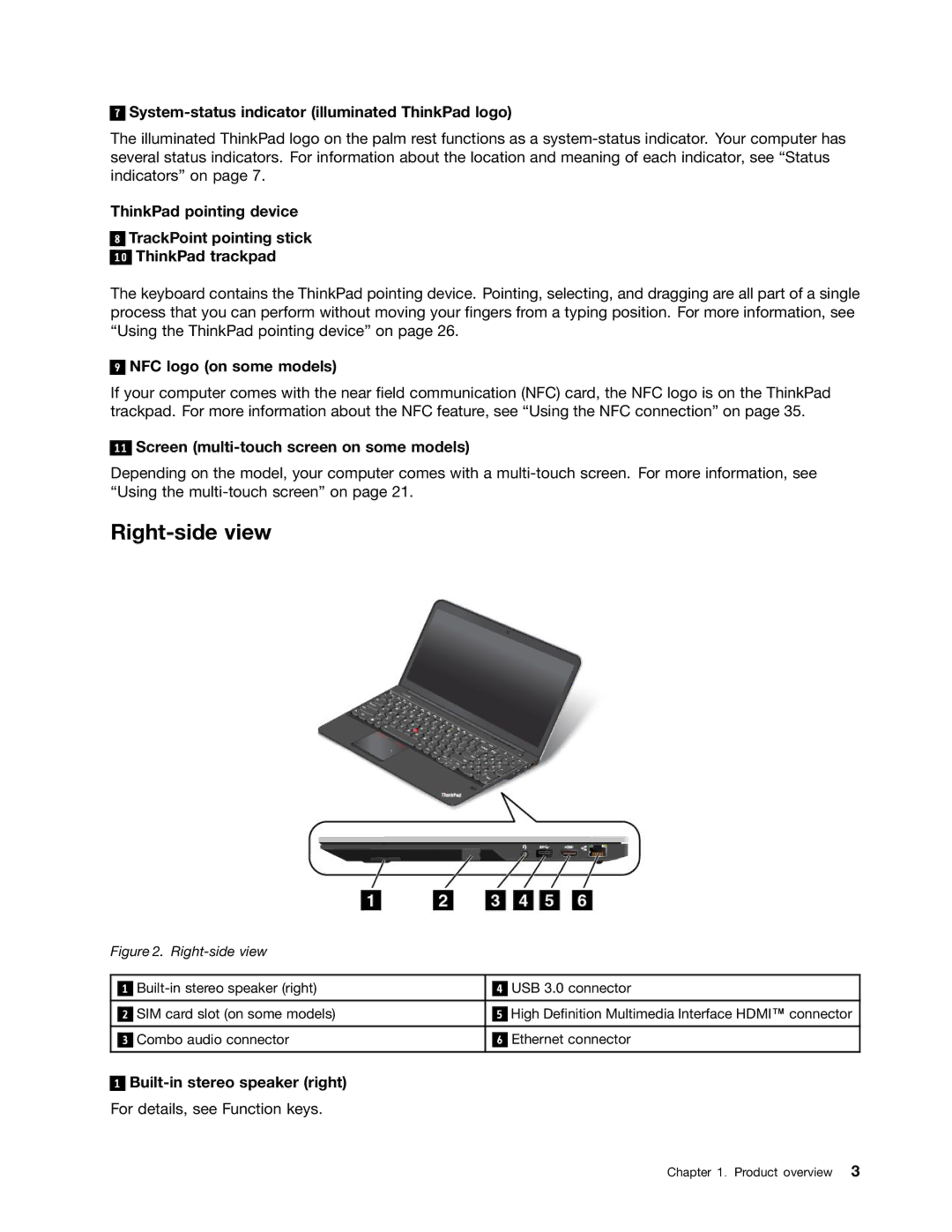 Lenovo S540 manual Right-side view, System-status indicator illuminated ThinkPad logo, NFC logo on some models 