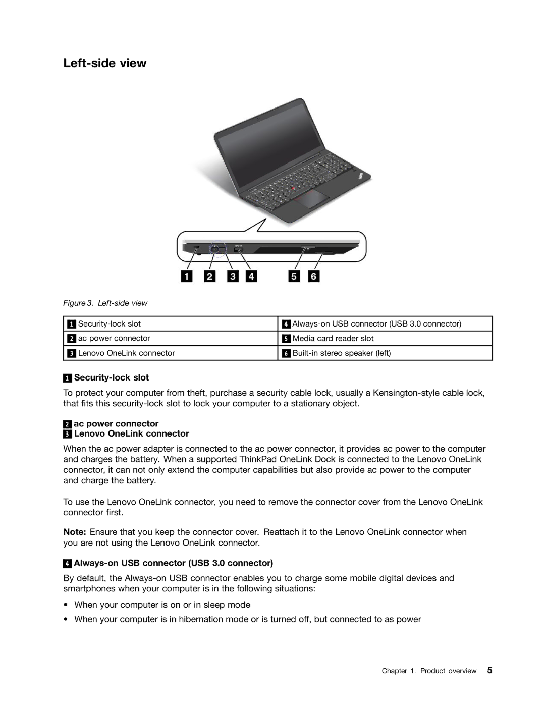 Lenovo S540 manual Left-side view, Security-lock slot, Ac power connector Lenovo OneLink connector 