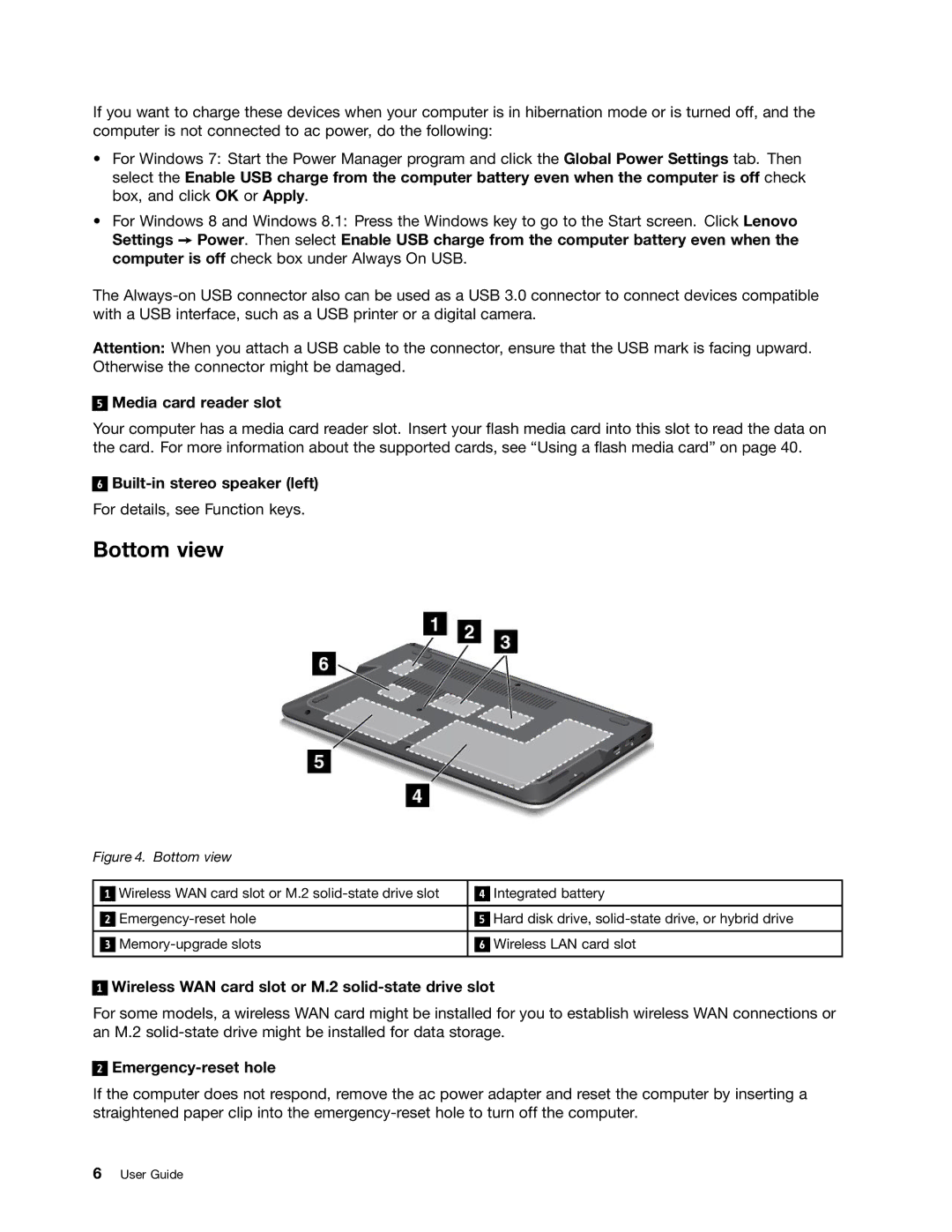 Lenovo S540 manual Bottom view, Media card reader slot, Built-in stereo speaker left, Emergency-reset hole 