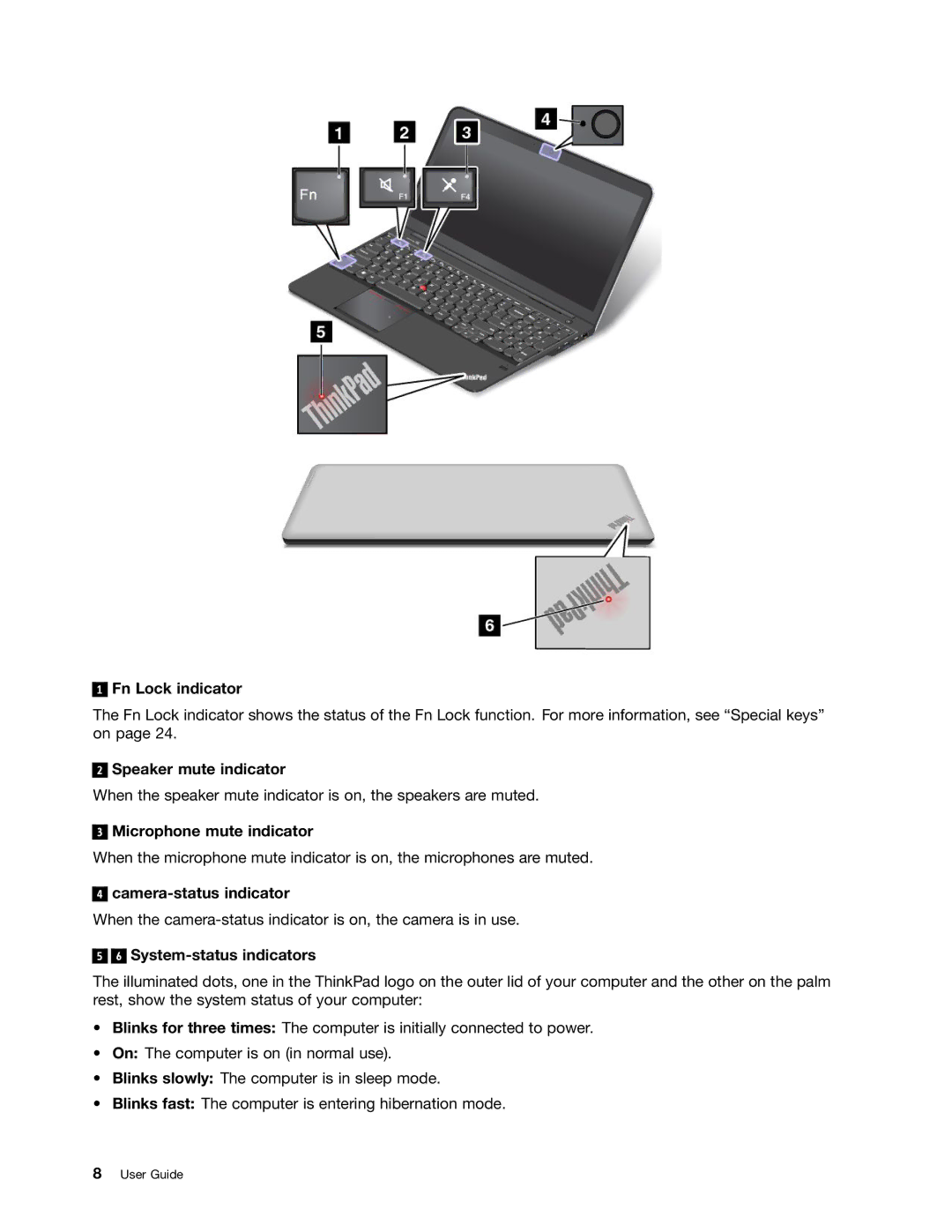 Lenovo S540 manual Fn Lock indicator, Speaker mute indicator, Microphone mute indicator, Camera-status indicator 