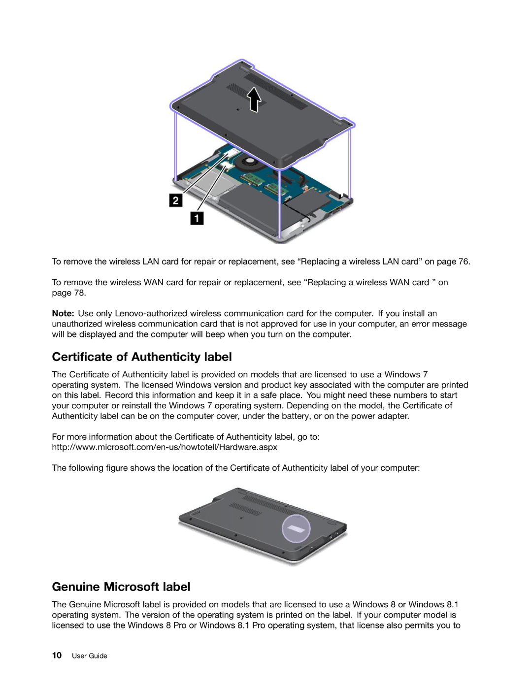 Lenovo S540 manual Certificate of Authenticity label, Genuine Microsoft label 