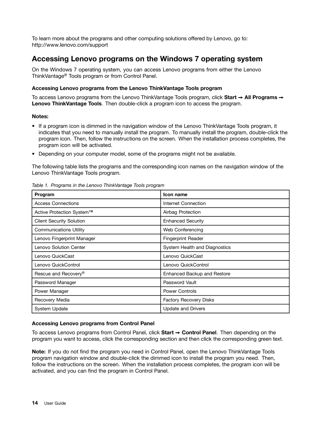 Lenovo S540 Accessing Lenovo programs on the Windows 7 operating system, Accessing Lenovo programs from Control Panel 