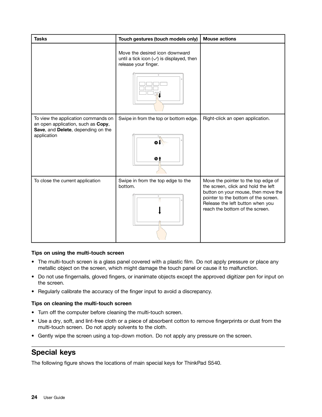 Lenovo S540 manual Special keys, Tips on using the multi-touch screen, Tips on cleaning the multi-touch screen 