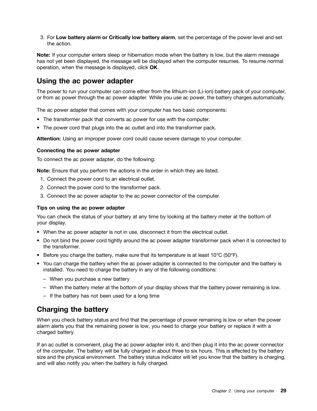 Lenovo S540 manual Using the ac power adapter, Charging the battery, Connecting the ac power adapter 